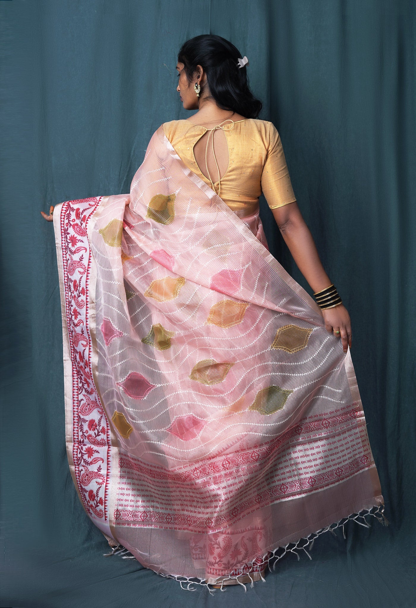 Orange Pure Banarasi Zari Weaving Checks and Applique With Emboridery Kota Saree-UNM82963