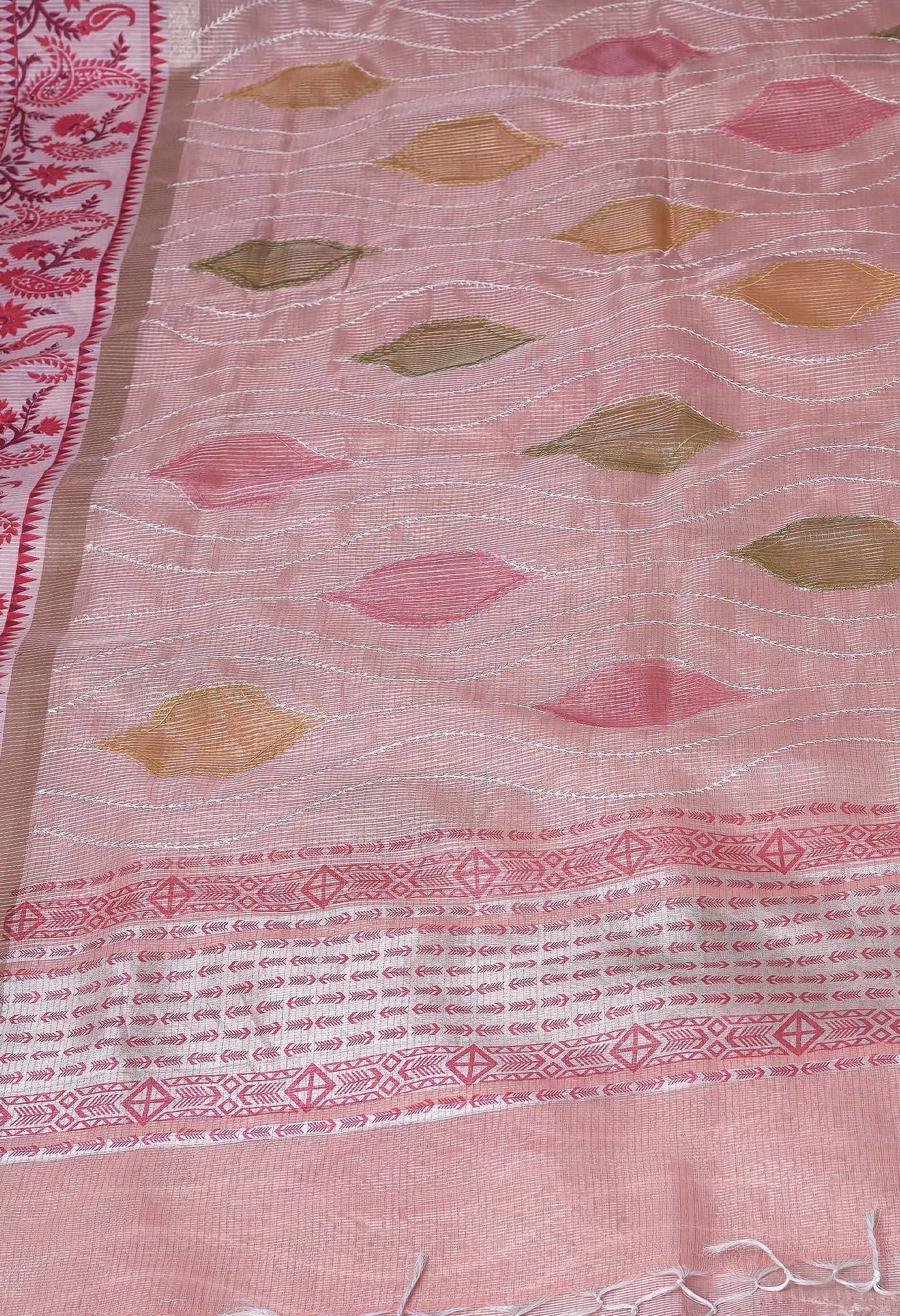 Orange Pure Banarasi Zari Weaving Checks and Applique With Emboridery Kota Saree-UNM82963