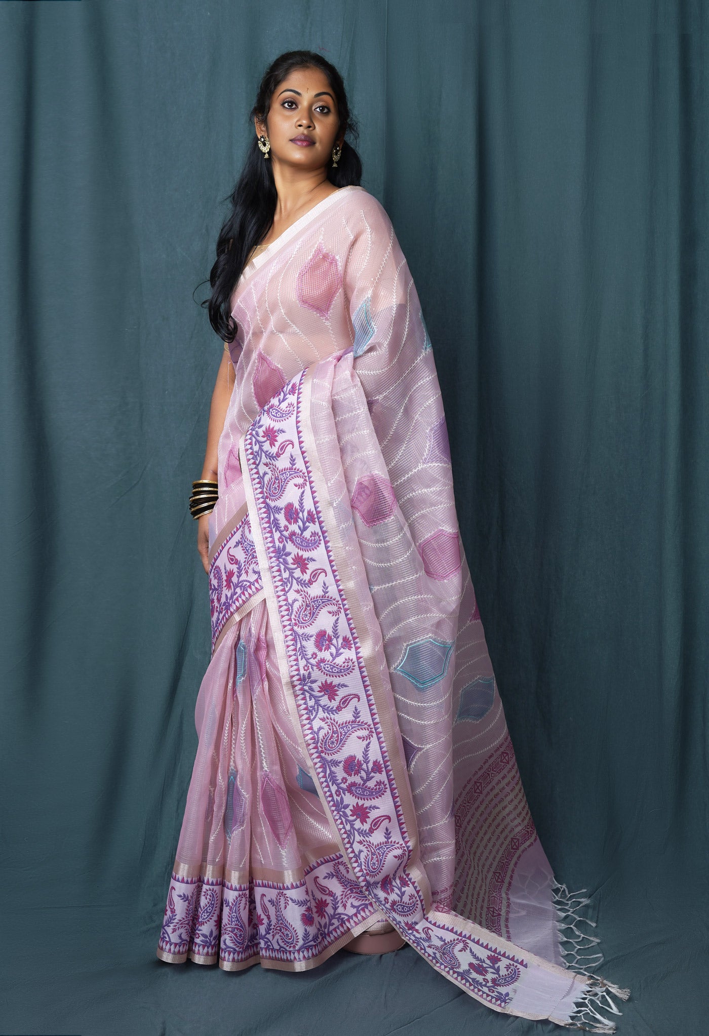 Pink Pure Banarasi Zari Weaving Checks and Applique With Emboridery Kota Saree-UNM82965