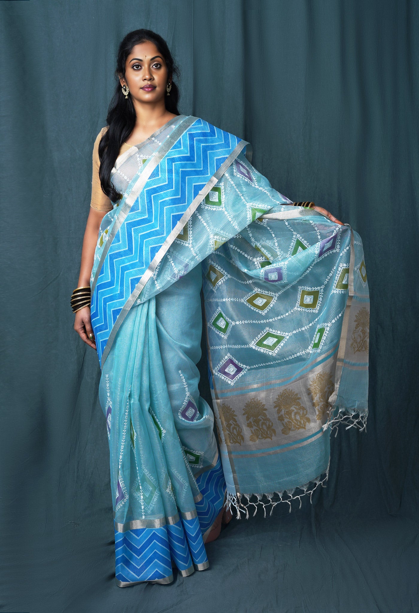 Blue Pure Banarasi Zari Weaving Checks and Applique With Emboridery Kota Saree-UNM82967