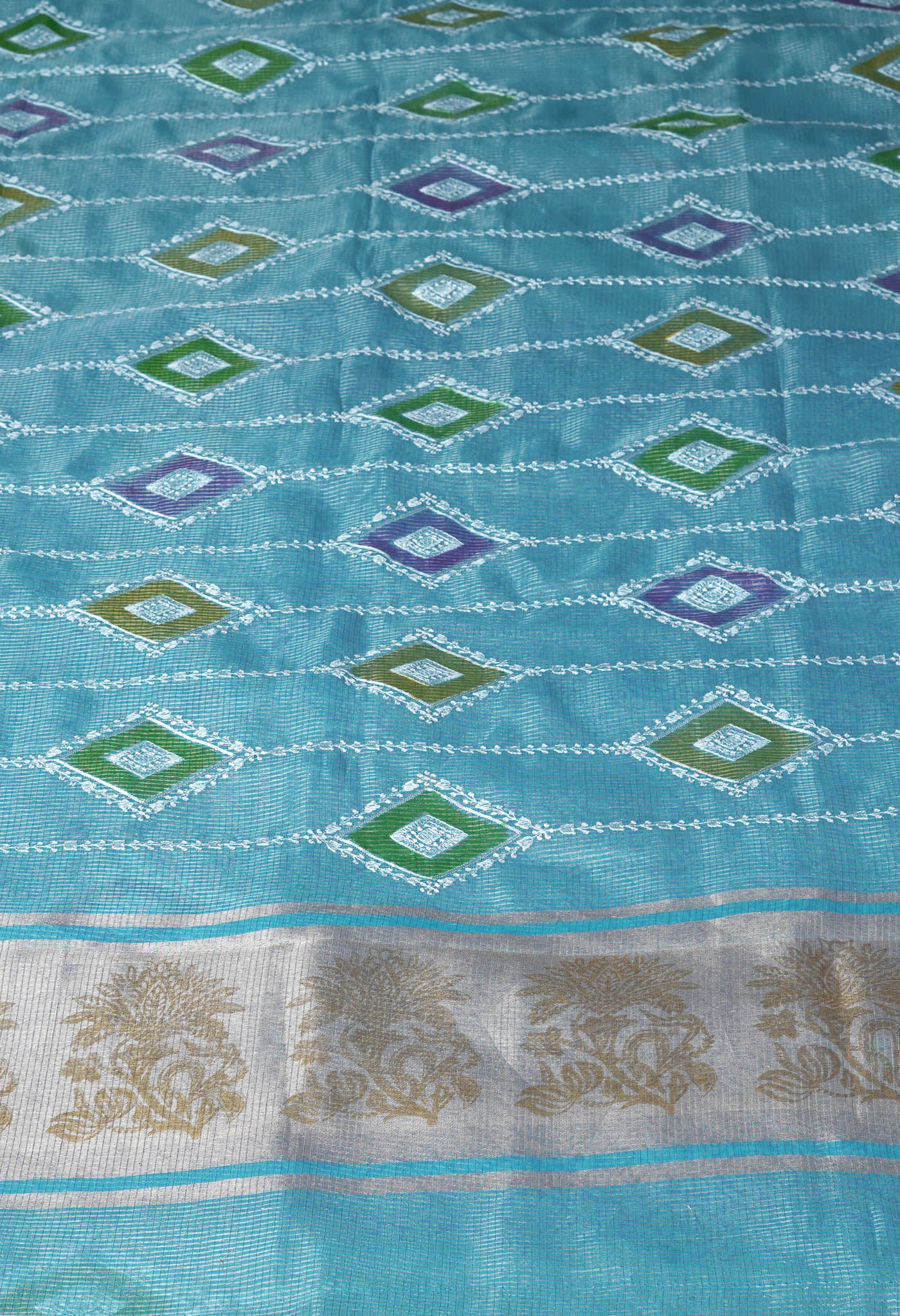 Blue Pure Banarasi Zari Weaving Checks and Applique With Emboridery Kota Saree-UNM82967