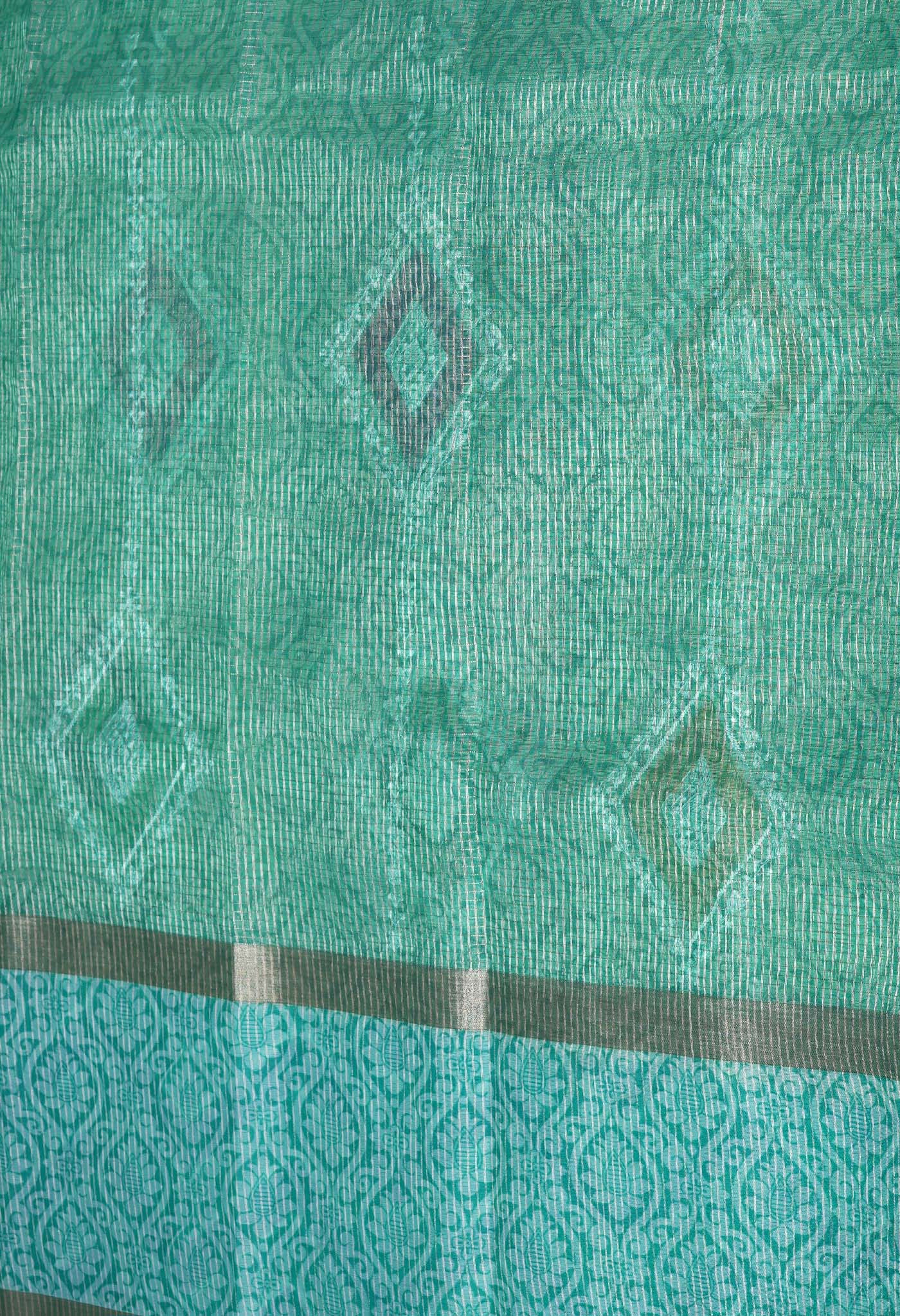 Turquoise Blue Pure Banarasi Zari Weaving Checks and Applique With Emboridery Kota Saree-UNM82968