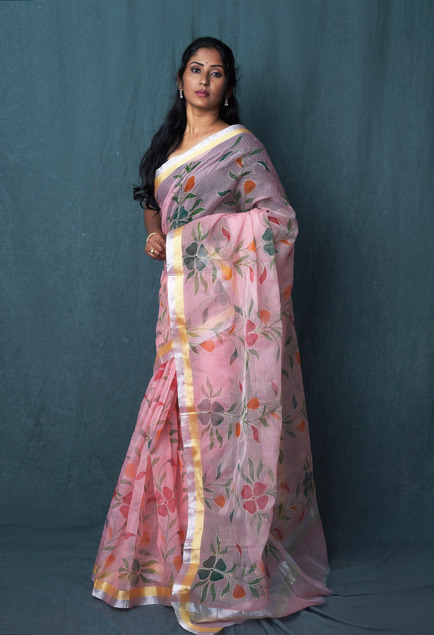 Orange Pure Hand Painted With Emboridery Kota Saree-UNM82970