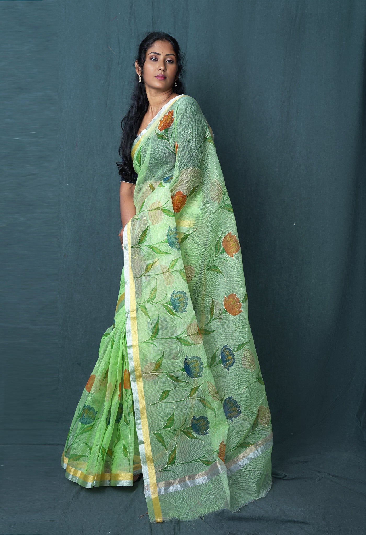 Green Pure Hand Painted With Emboridery Kota Saree-UNM82971