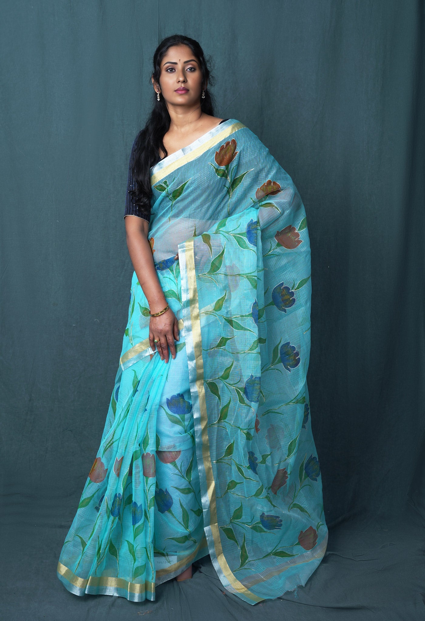 Blue Pure Hand Painted With Emboridery Kota Saree-UNM82972