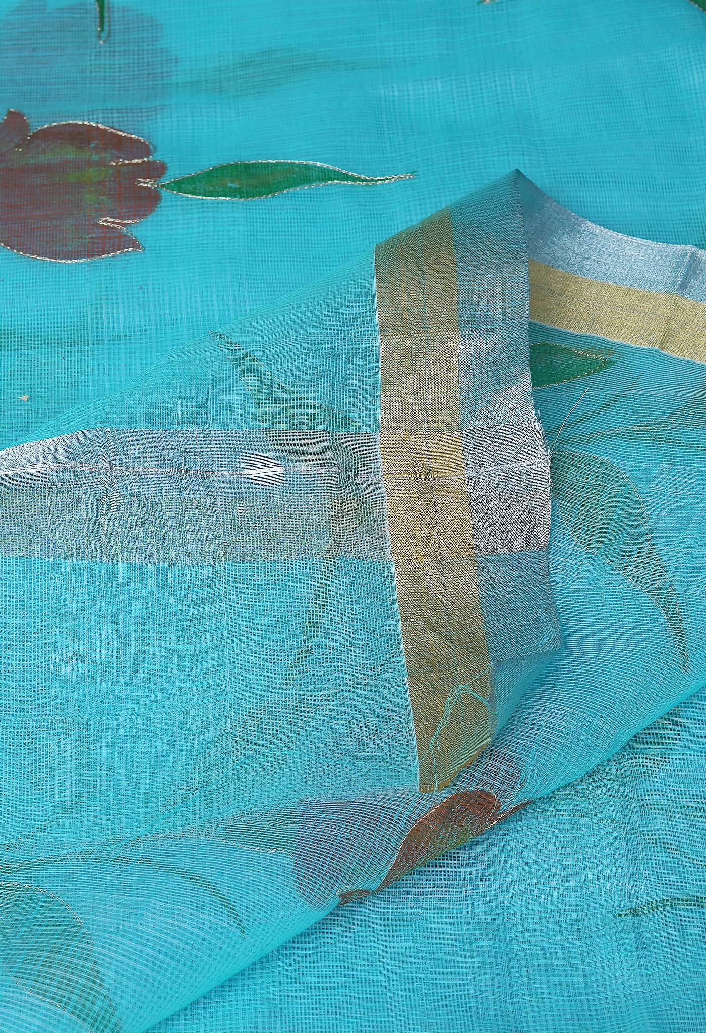Blue Pure Hand Painted With Emboridery Kota Saree-UNM82972