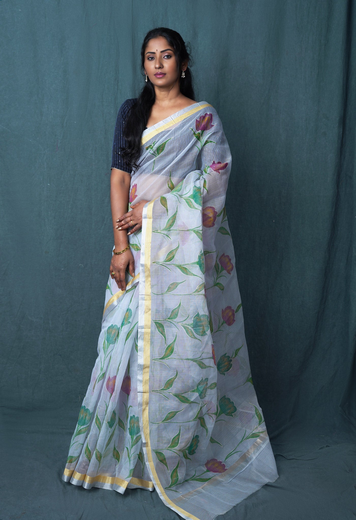 Grey Pure Hand Painted With Emboridery Kota Saree-UNM82973