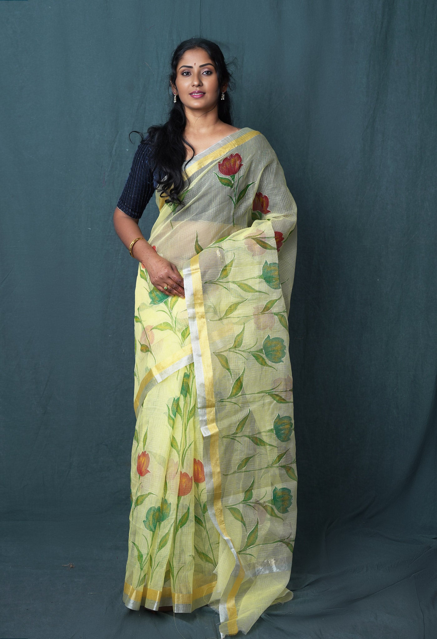 Yellow Pure Hand Painted With Emboridery Kota Saree-UNM82974