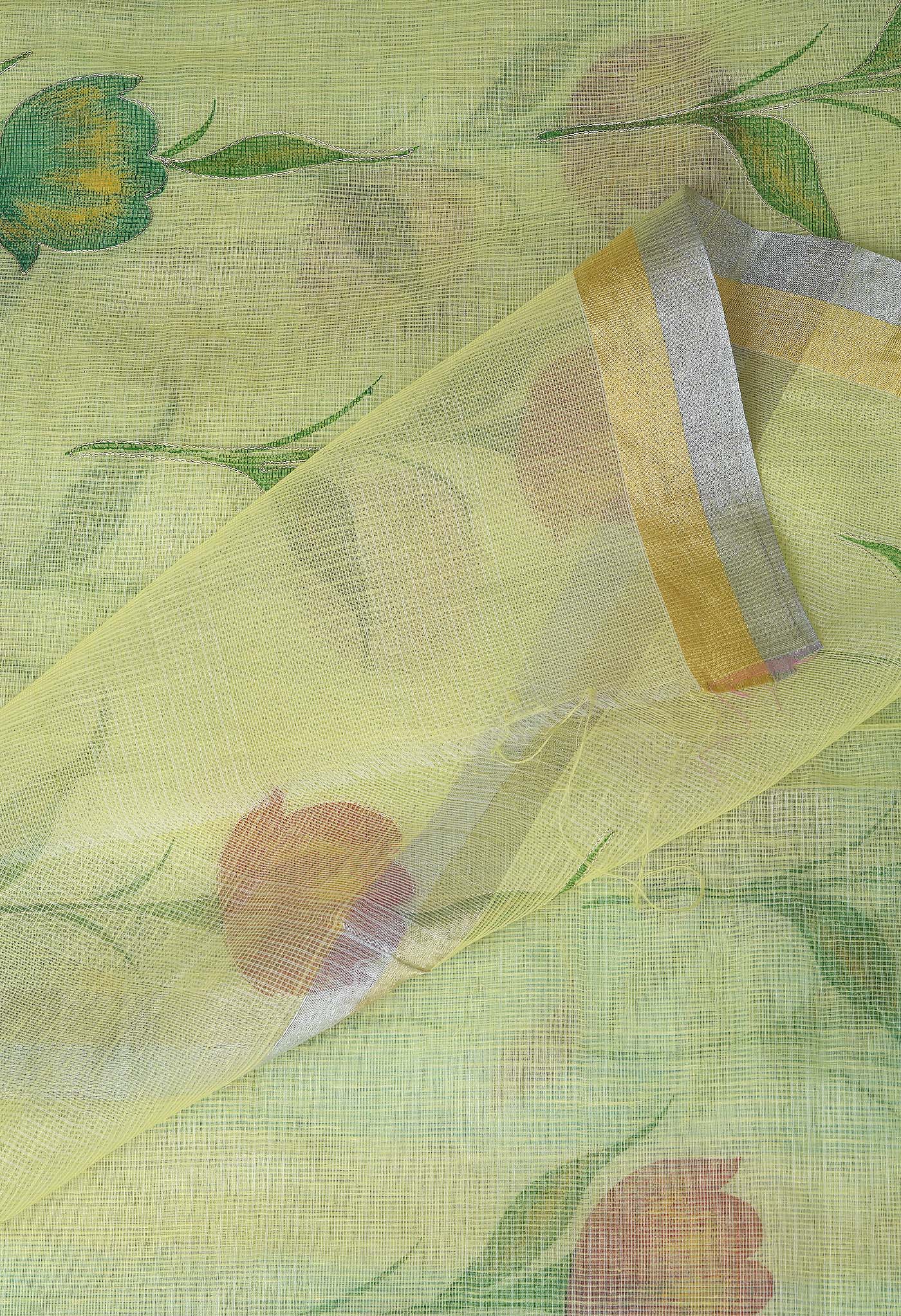Yellow Pure Hand Painted With Emboridery Kota Saree-UNM82974