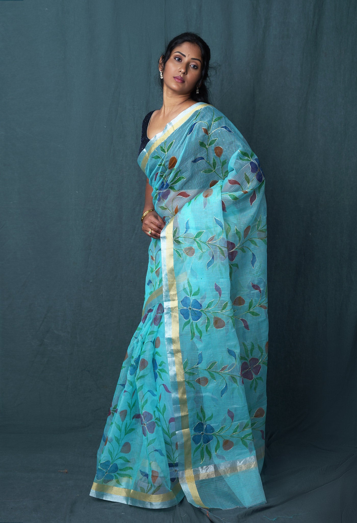 Blue Pure Hand Painted With Emboridery Kota Saree-UNM82975