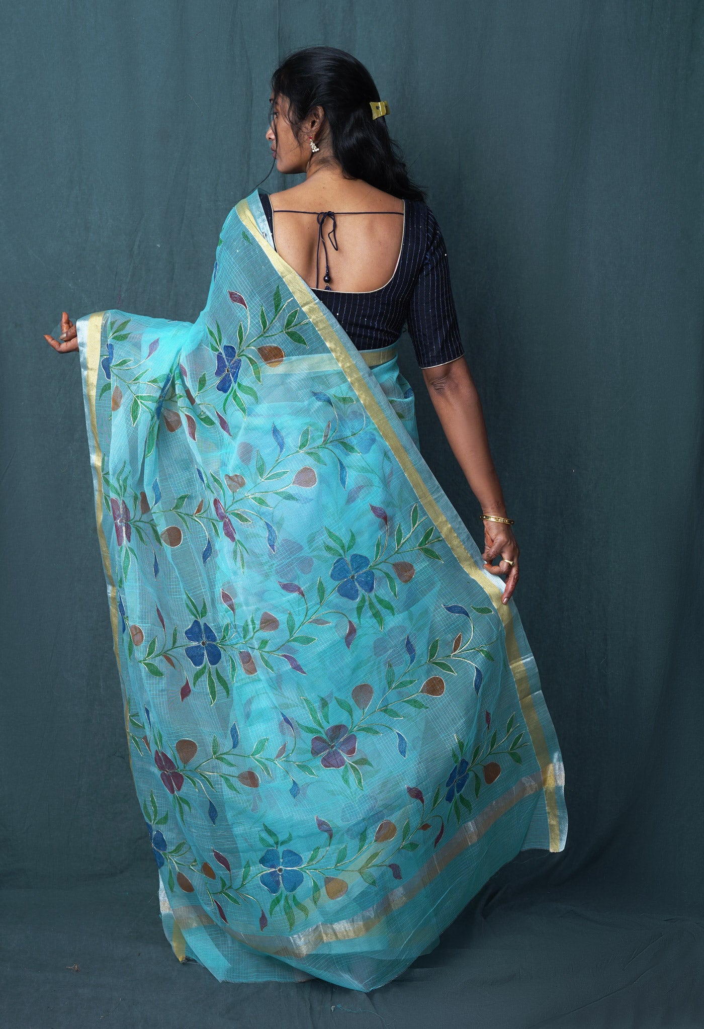 Blue Pure Hand Painted With Emboridery Kota Saree-UNM82975