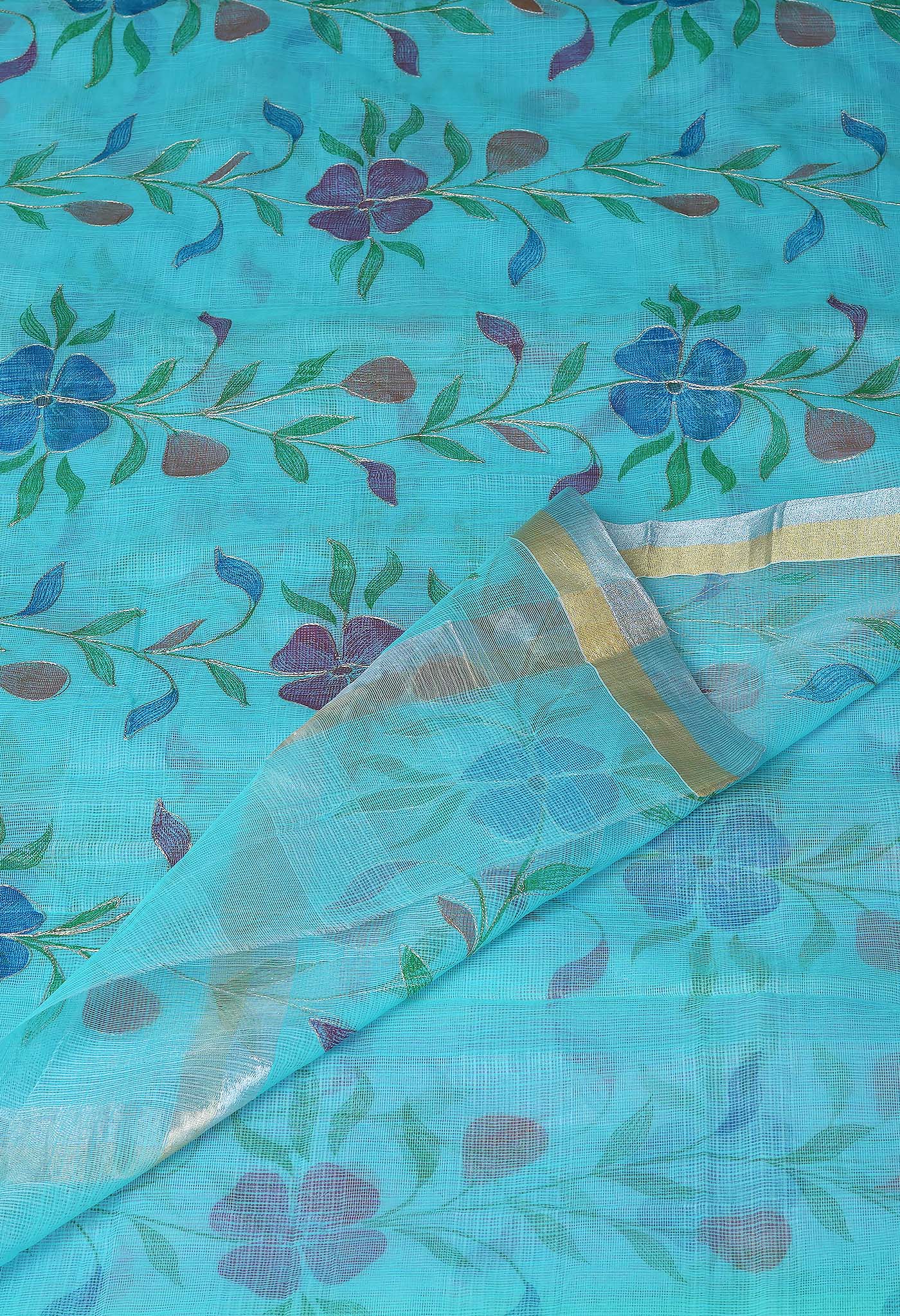 Blue Pure Hand Painted With Emboridery Kota Saree-UNM82975