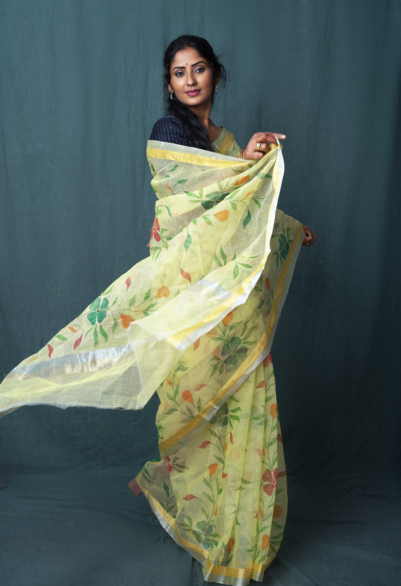 Yellow Pure Hand Painted With Emboridery Kota Saree-UNM82977