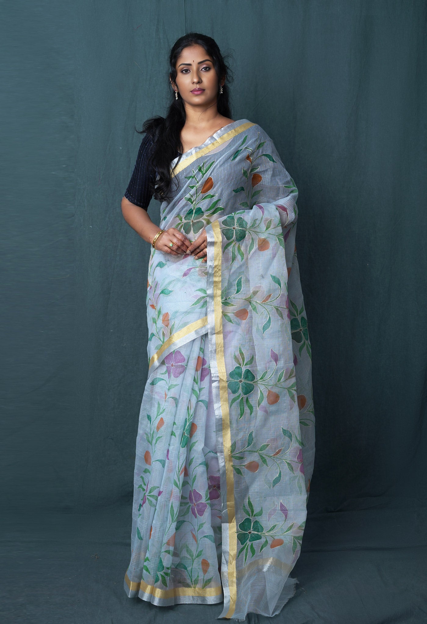 Grey Pure Hand Painted With Emboridery Kota Saree-UNM82978