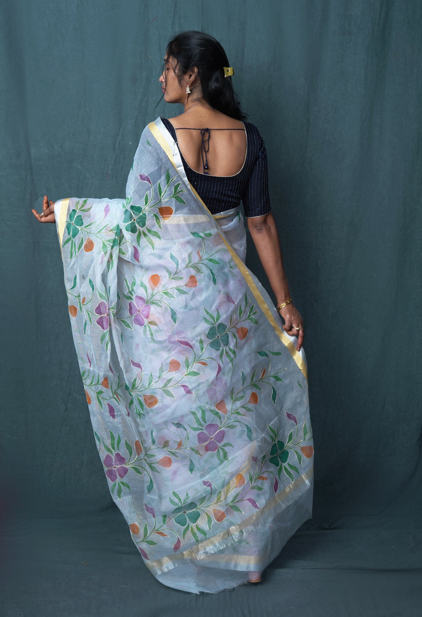 Grey Pure Hand Painted With Emboridery Kota Saree-UNM82978
