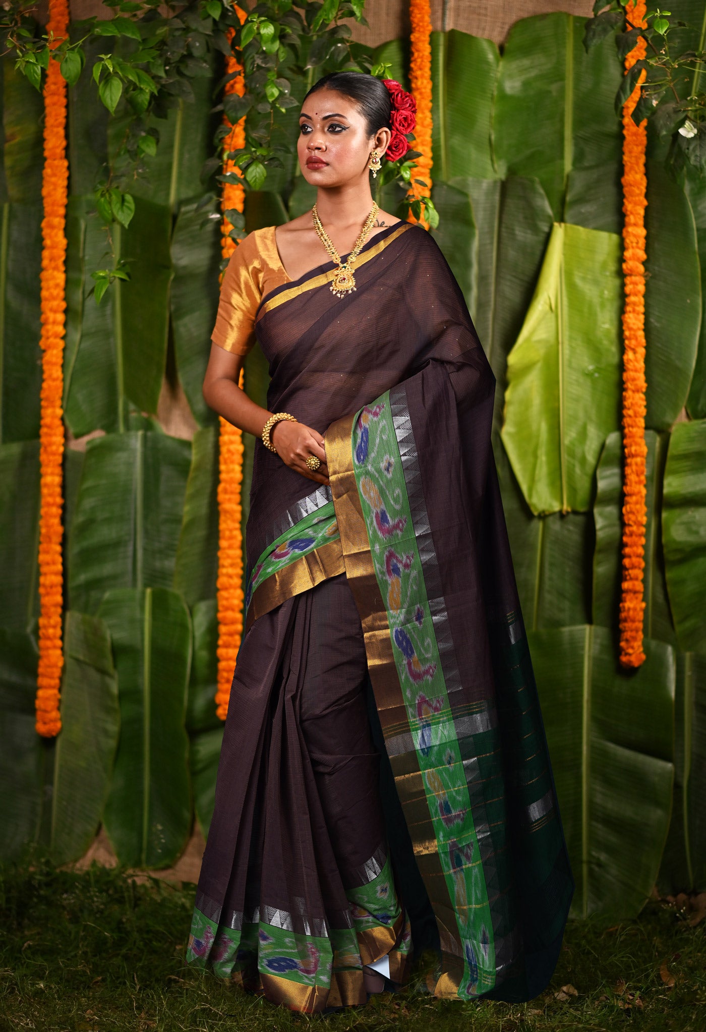 Dark Brown Pure Pavani Mangalgiri Cotton Saree-UNM82993