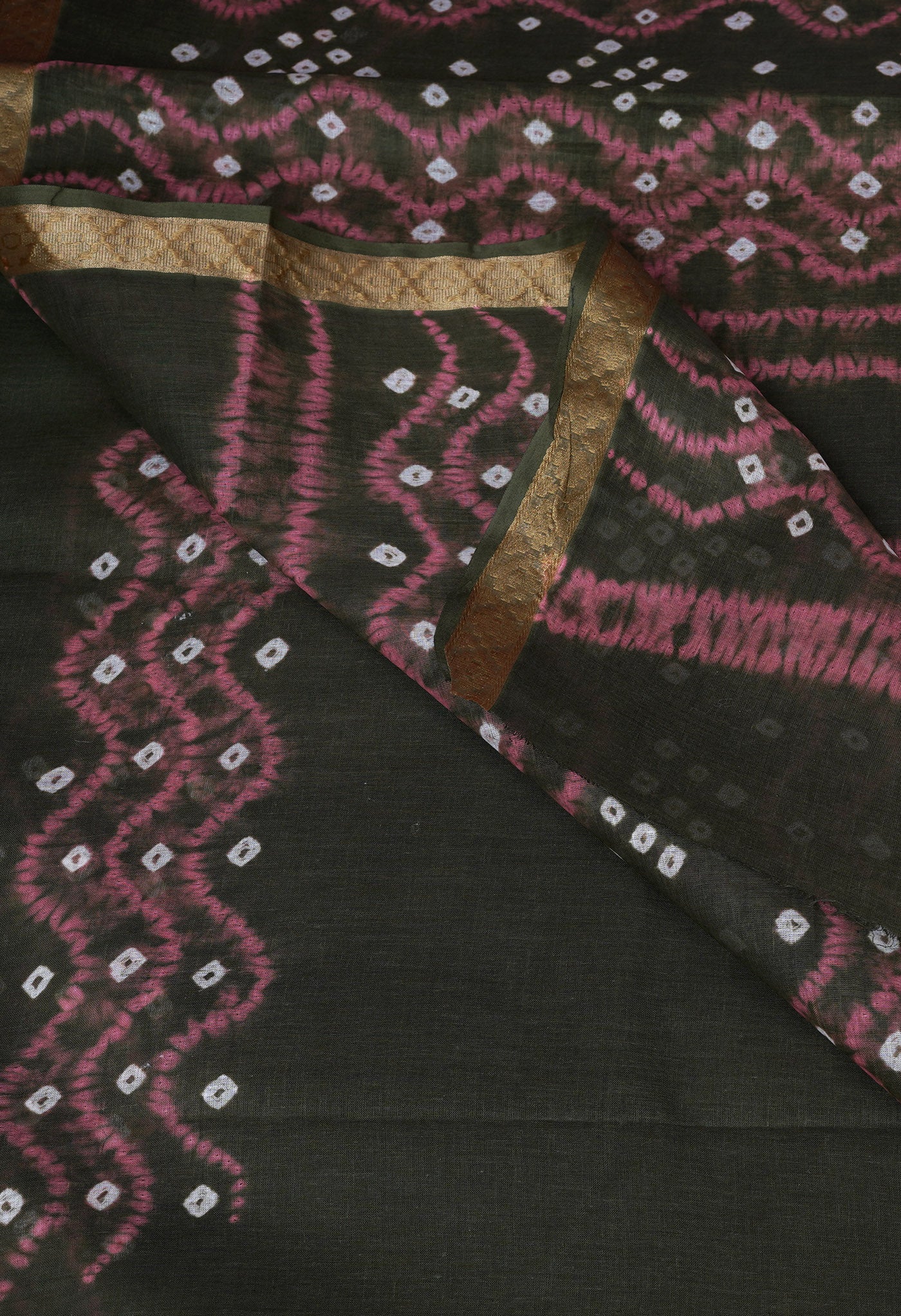 Olive Green-Pink Pure Bandhani Tie & Dye Soft Mulmul Cotton Saree-UNM83002