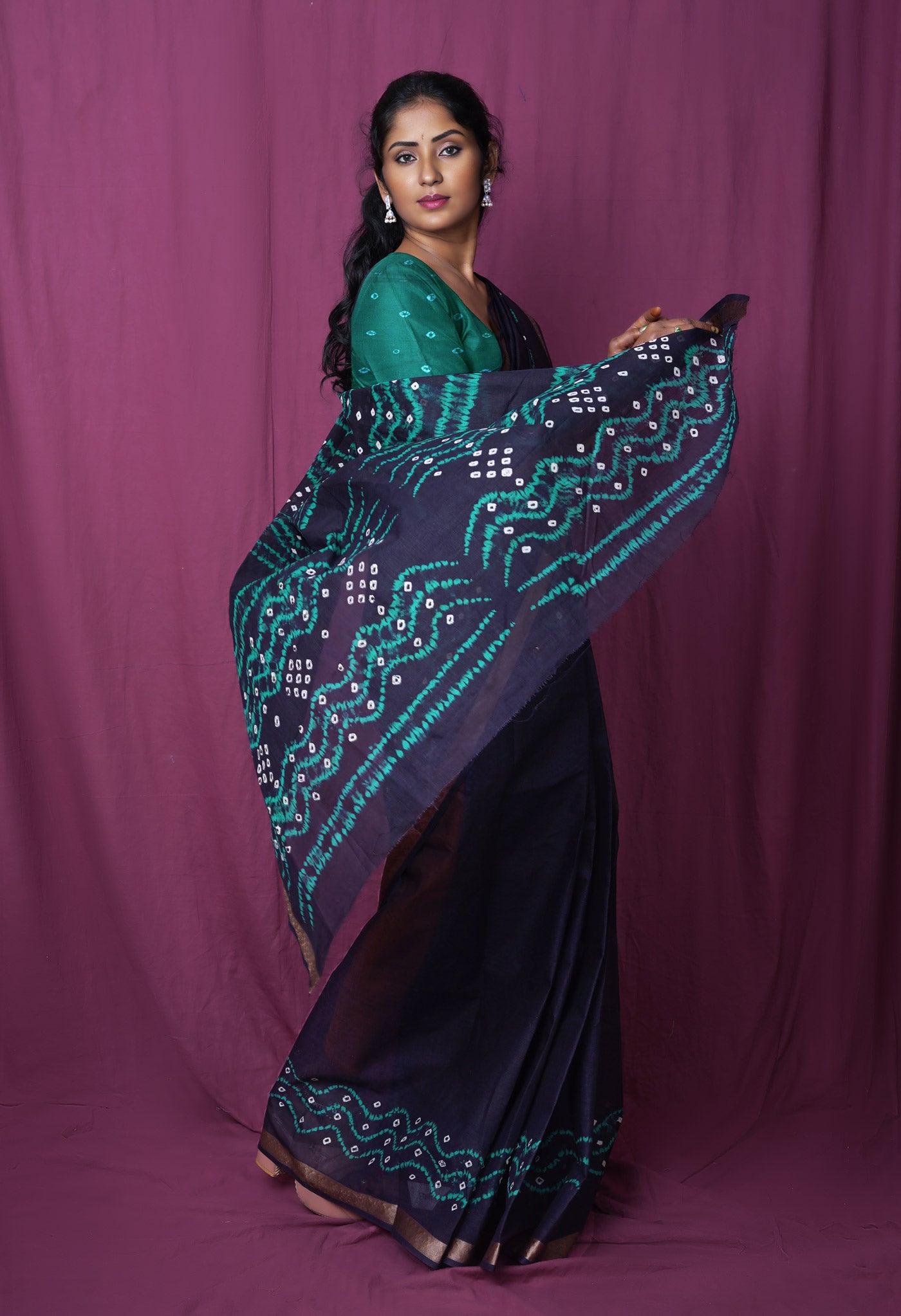 Navy BlueTurquoise Blue Pure Bandhani Tie & Dye Soft Mulmul Cotton Saree-UNM83003