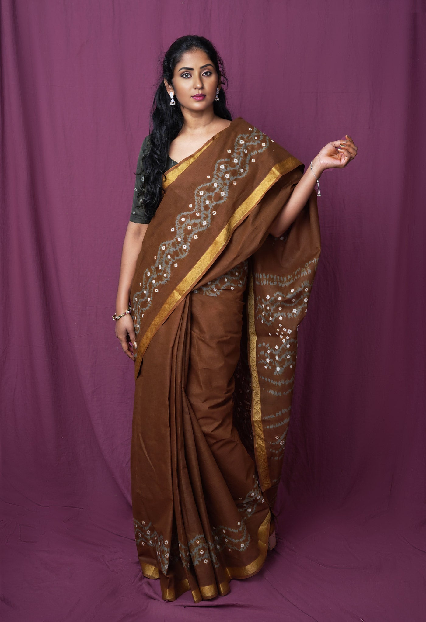 Brown-Grey Pure Bandhani Tie & Dye Soft Mulmul Cotton Saree-UNM83005