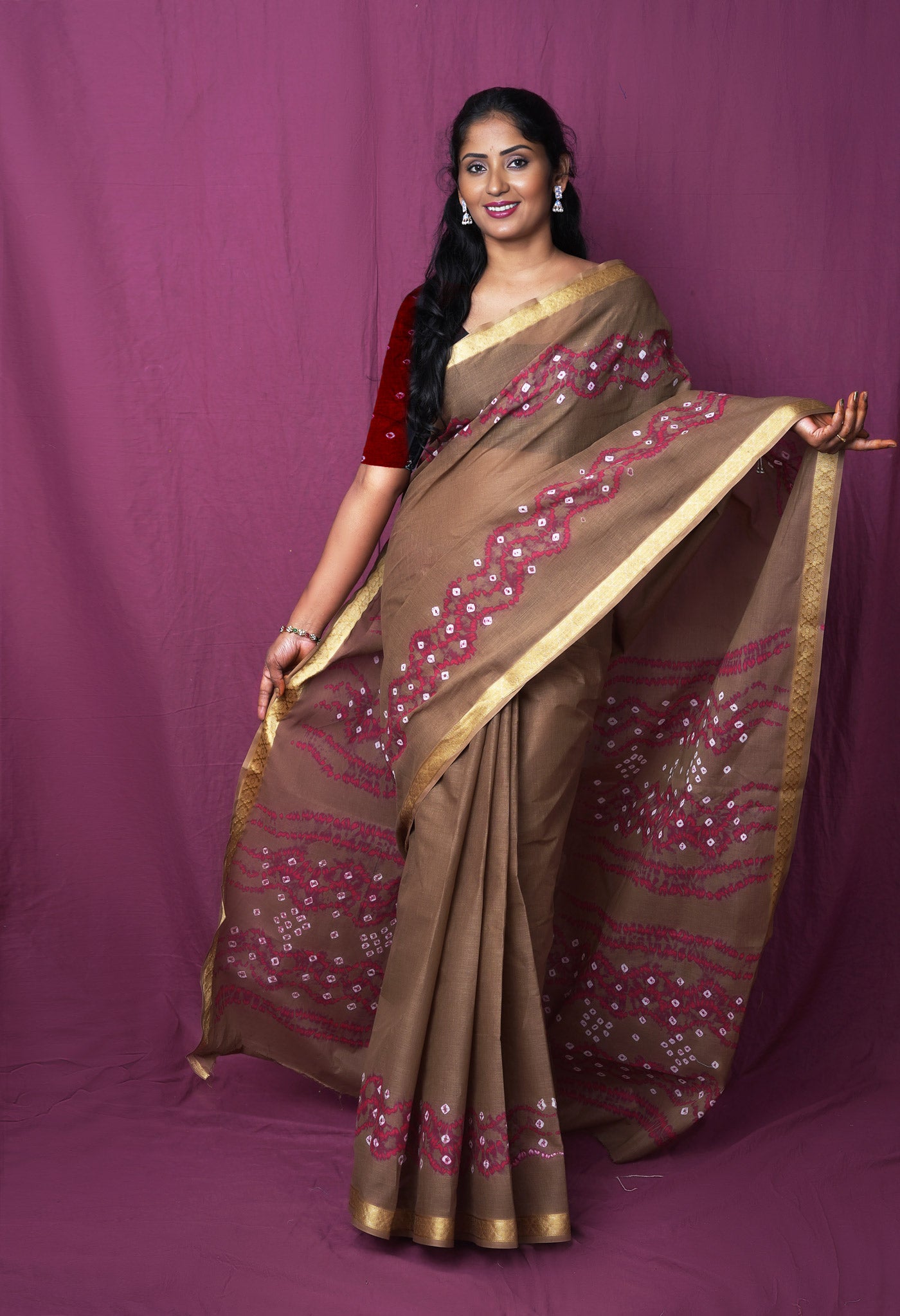 Brown-Pink Pure Bandhani Tie & Dye Soft Mulmul Cotton Saree-UNM83007