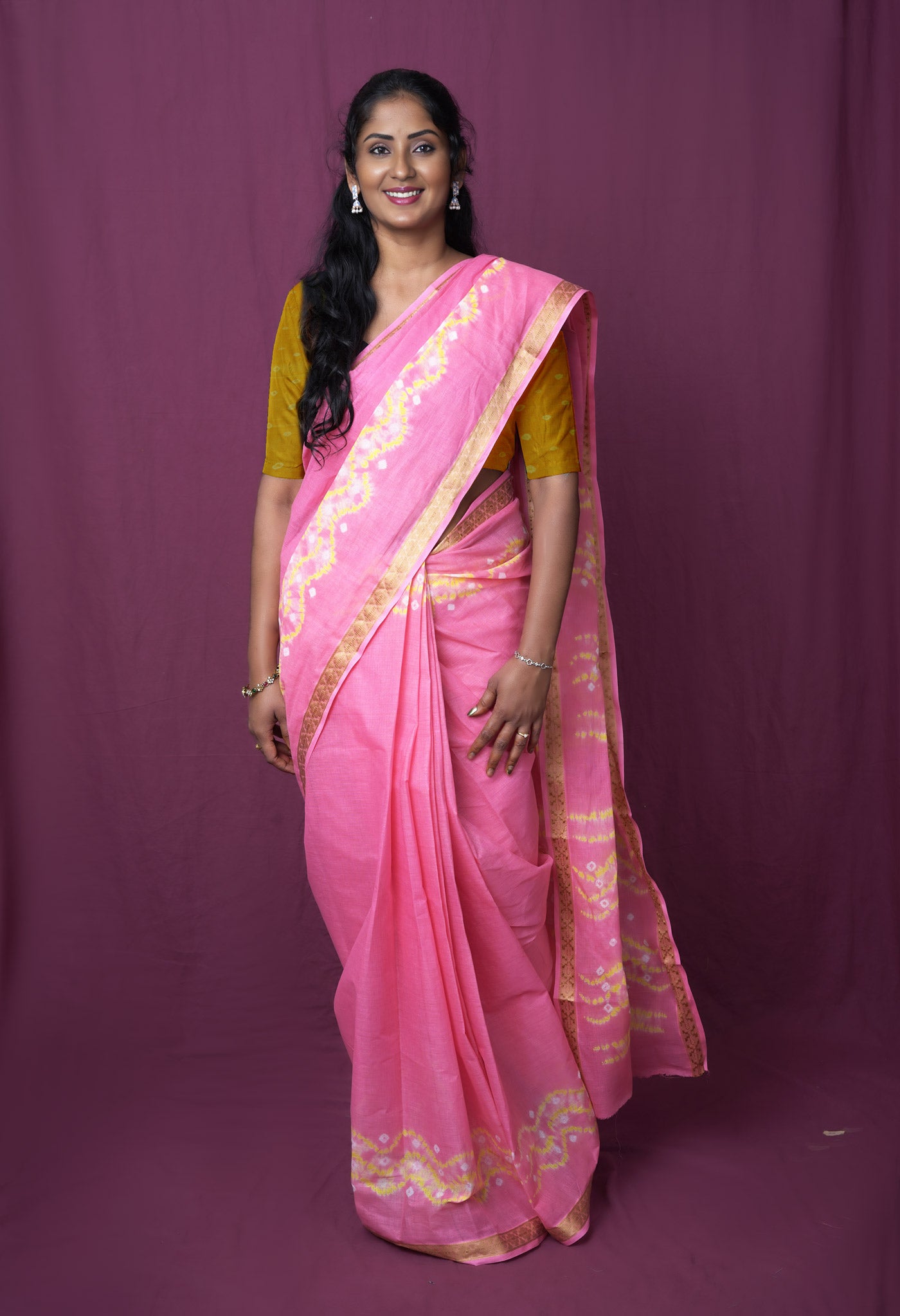 Pink-Yellow Pure Bandhani Tie & Dye Soft Mulmul Cotton Saree-UNM83008
