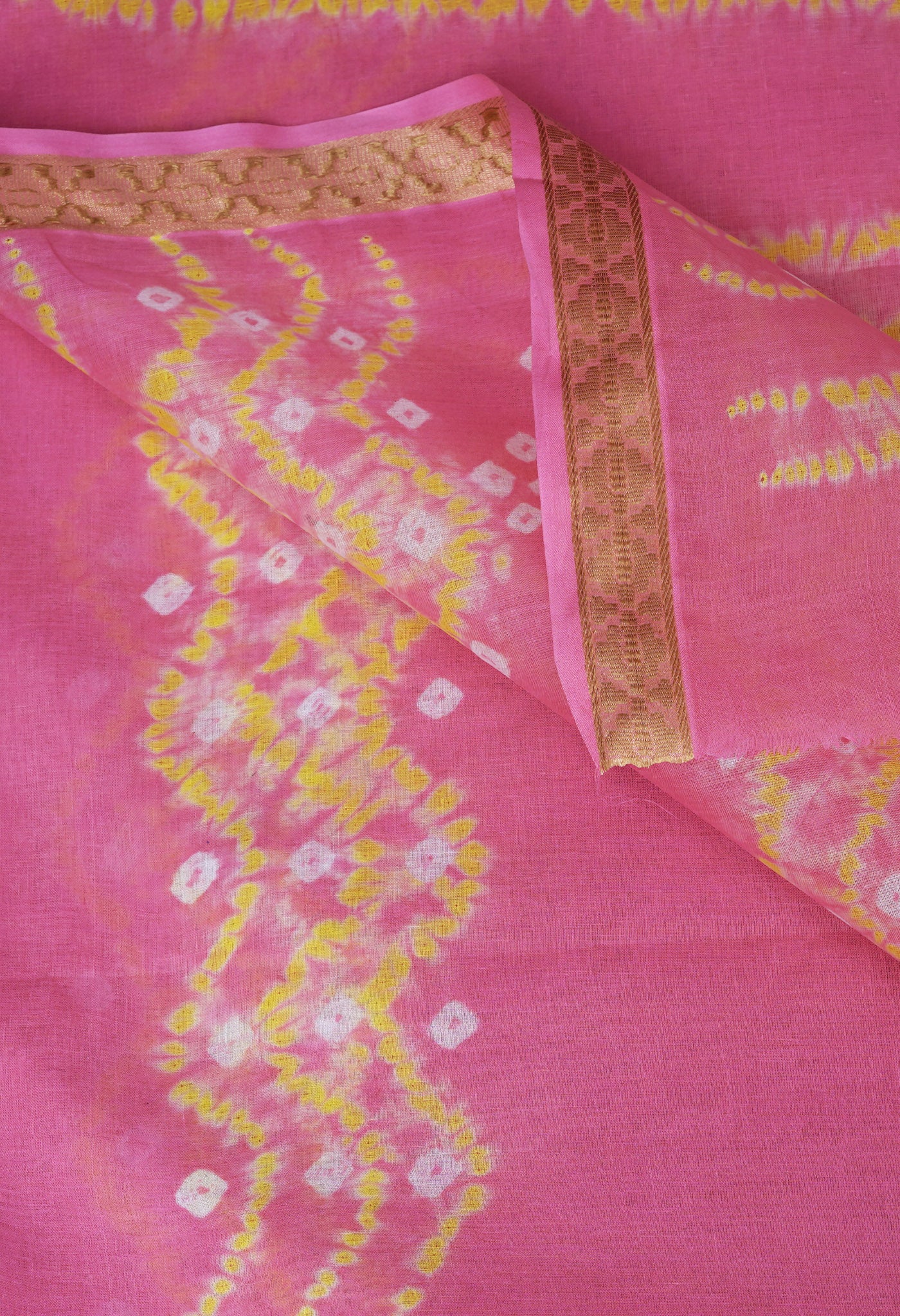 Pink-Yellow Pure Bandhani Tie & Dye Soft Mulmul Cotton Saree-UNM83008