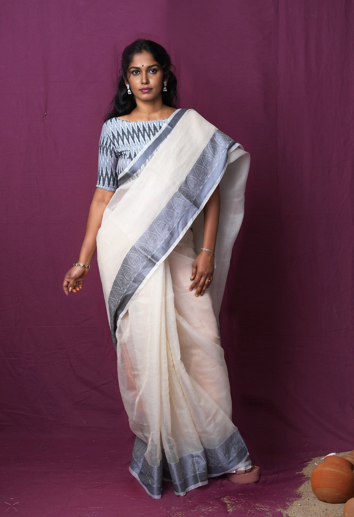 Cream Pure Plain Doria Kota Saree-UNM83010