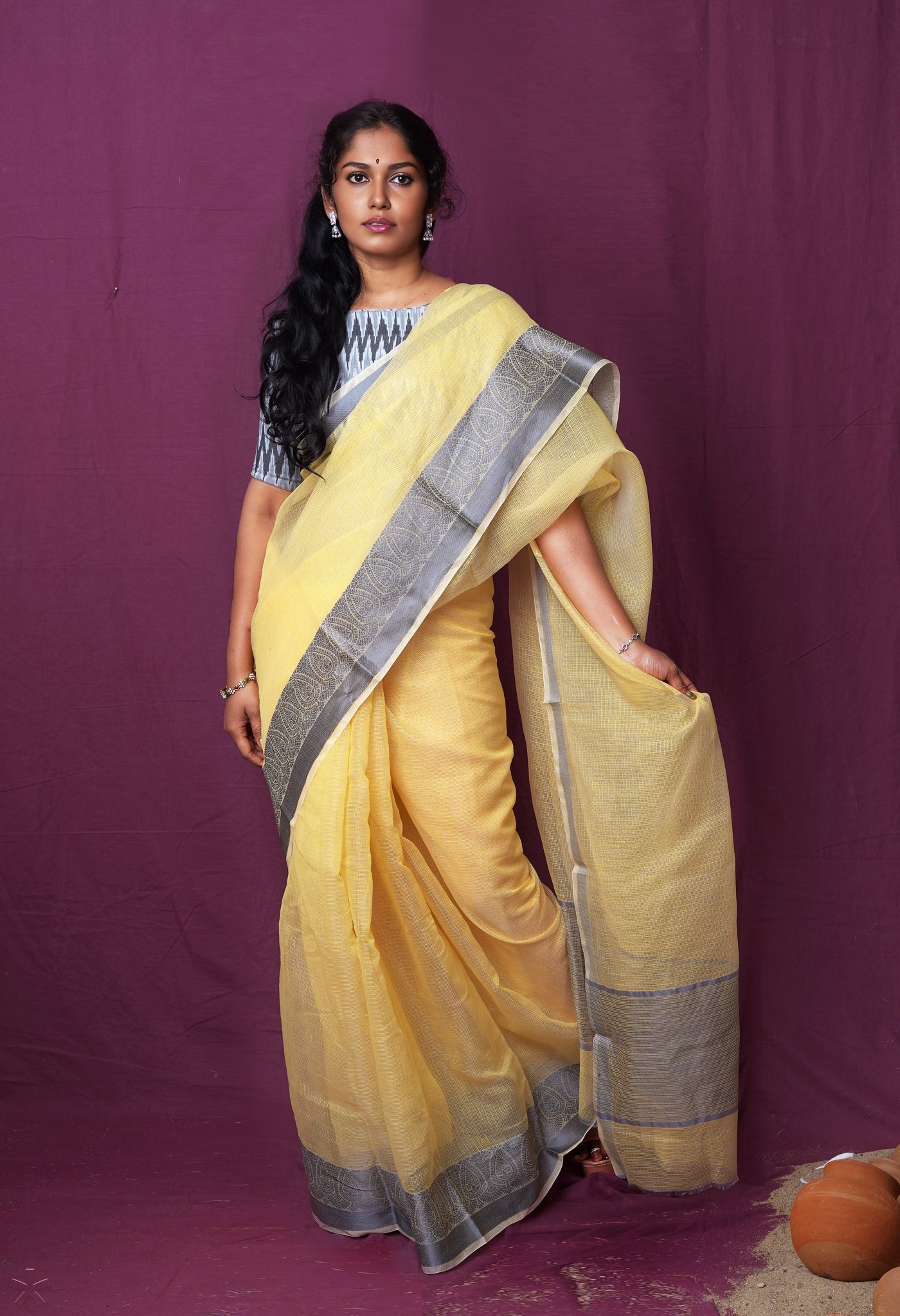 Yellow Pure Plain Doria Kota Saree-UNM83016