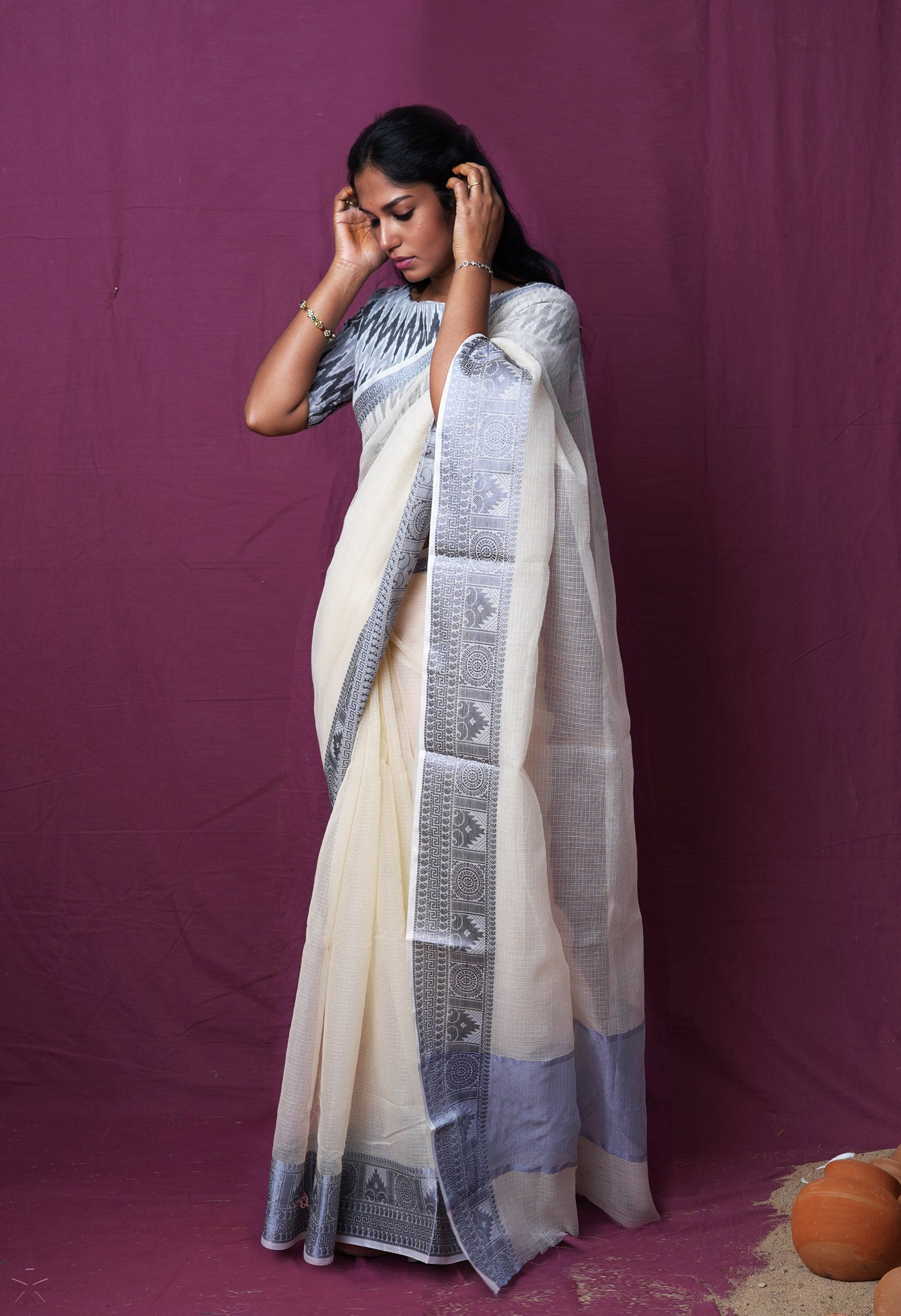 Cream Pure Plain Doria Kota Saree-UNM83027