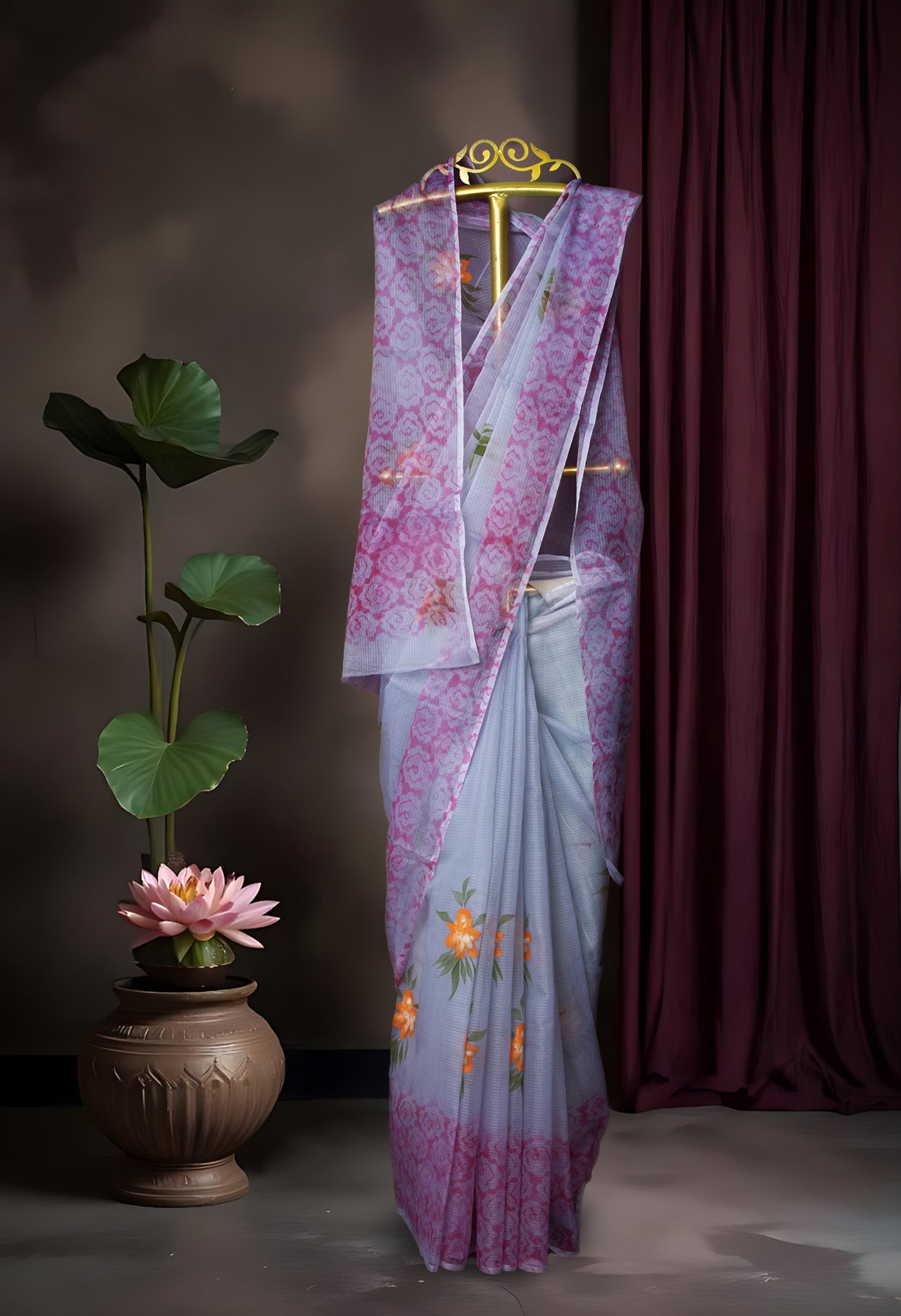 Grey Pure Hand Painted Doria Kota Saree-UNM83033