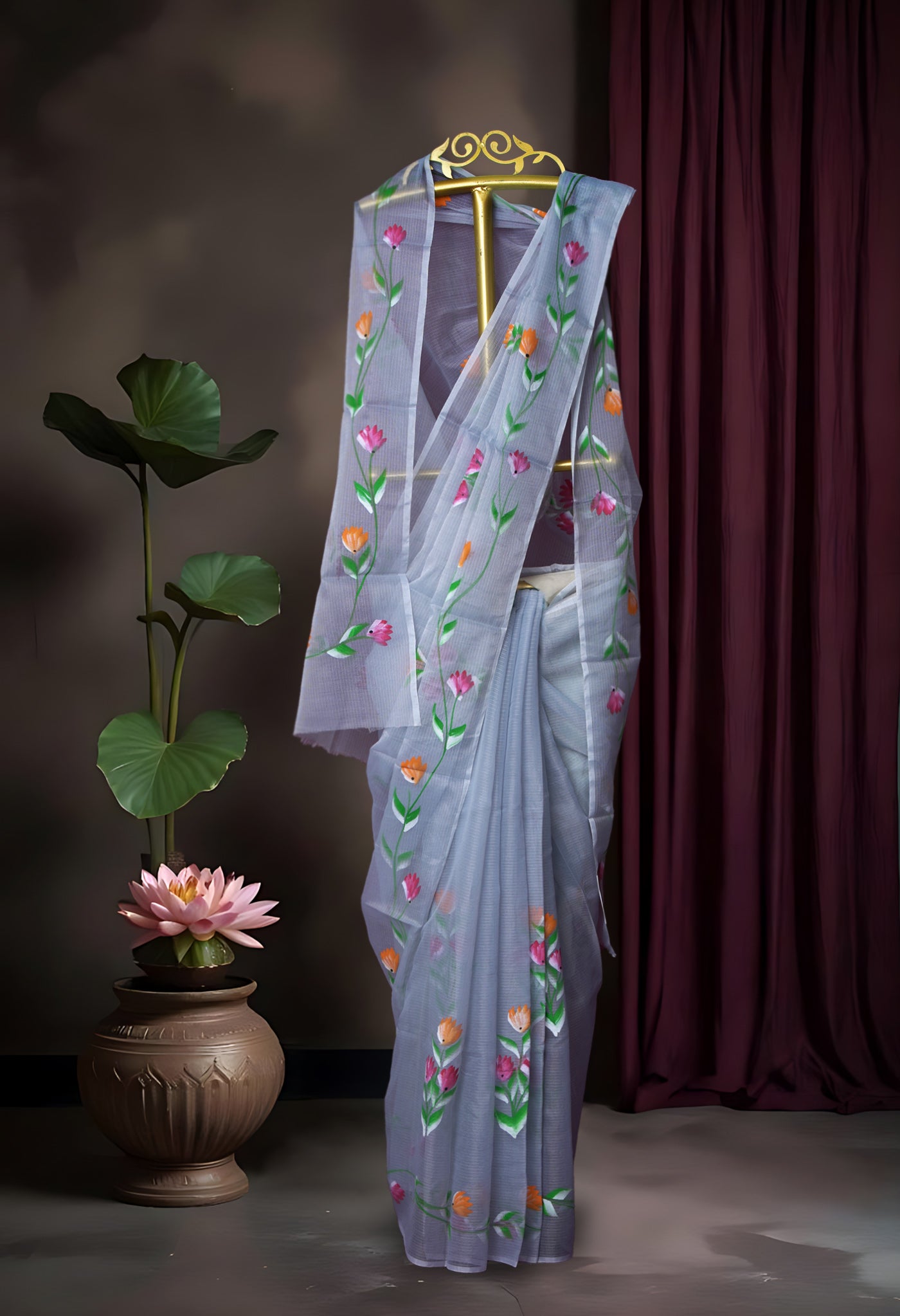 Grey Pure Hand Painted Doria Kota Saree-UNM83037