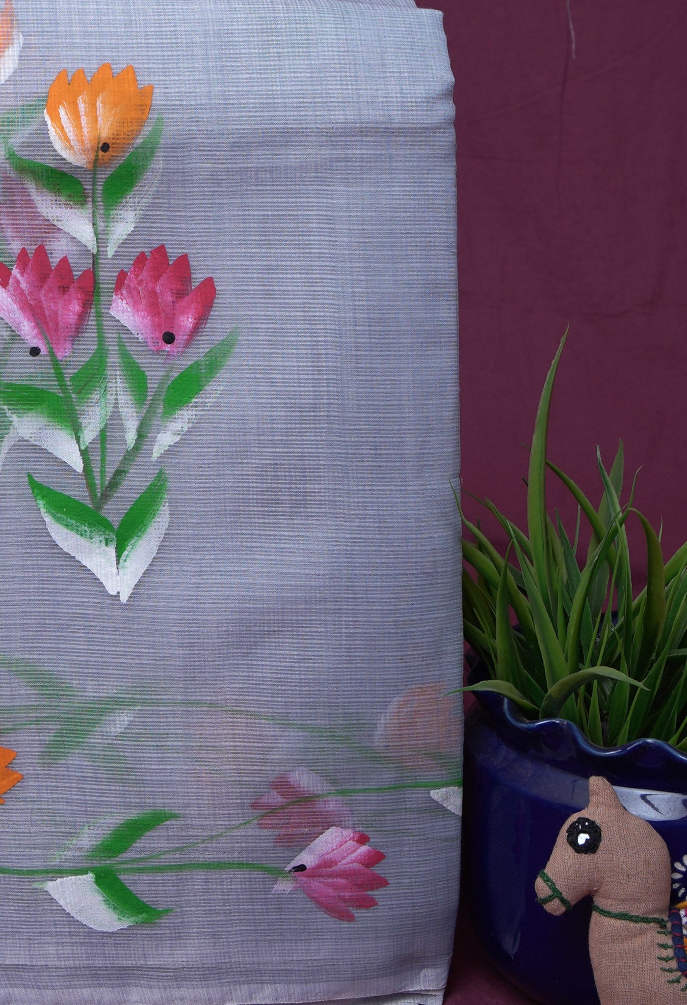 Grey Pure Hand Painted Doria Kota Saree-UNM83037