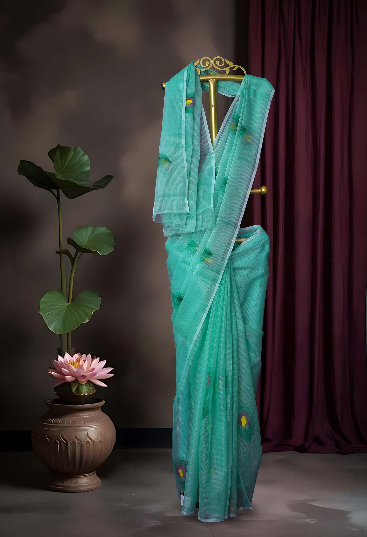 Turquoise Blue Pure Hand Painted Doria Kota Saree-UNM83040