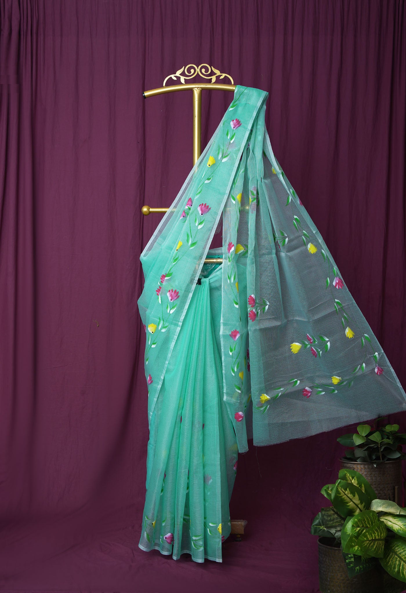 Turquoise Blue Pure Hand Painted Doria Kota Saree-UNM83043