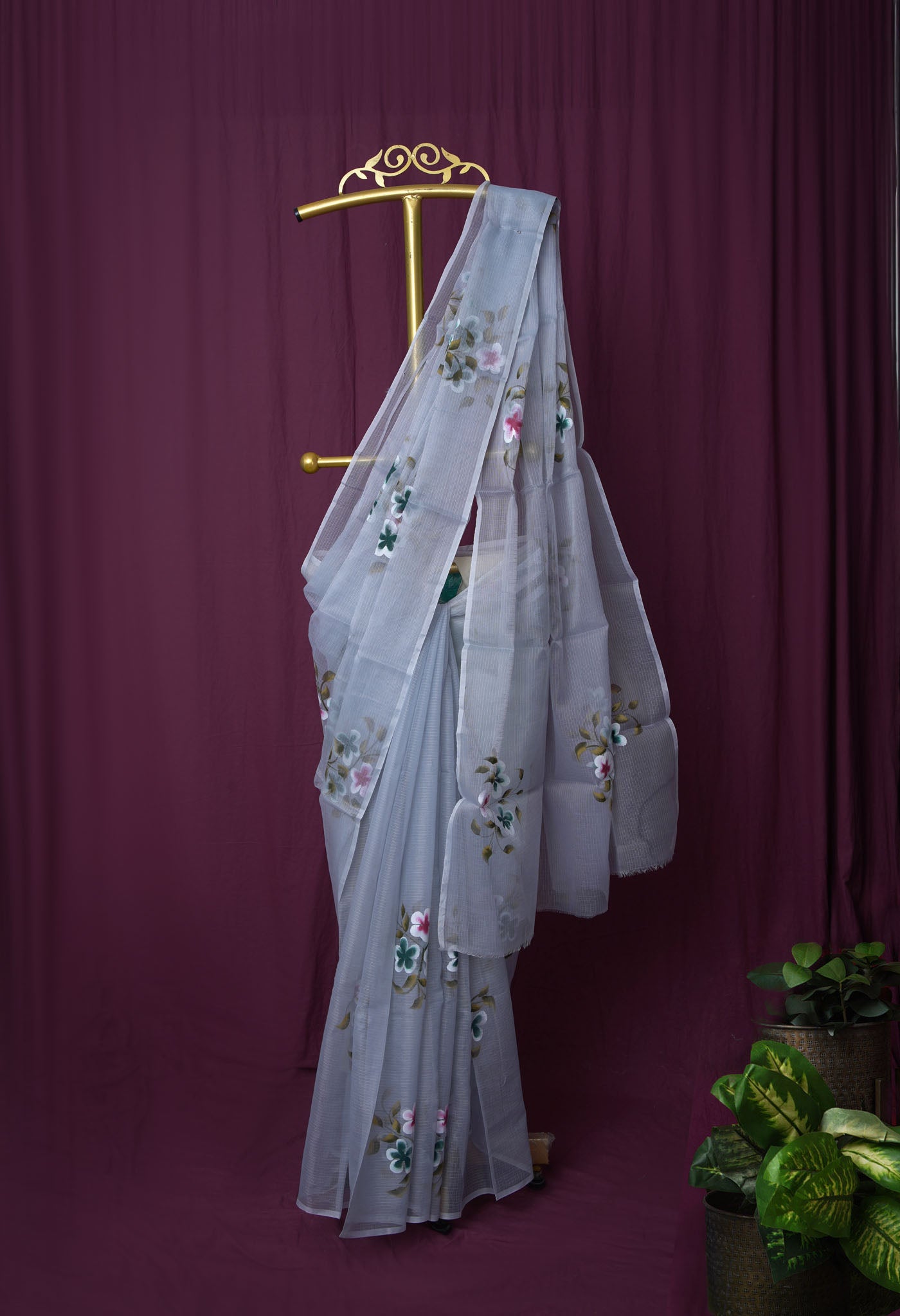 Grey Pure Hand Painted Doria Kota Saree-UNM83050