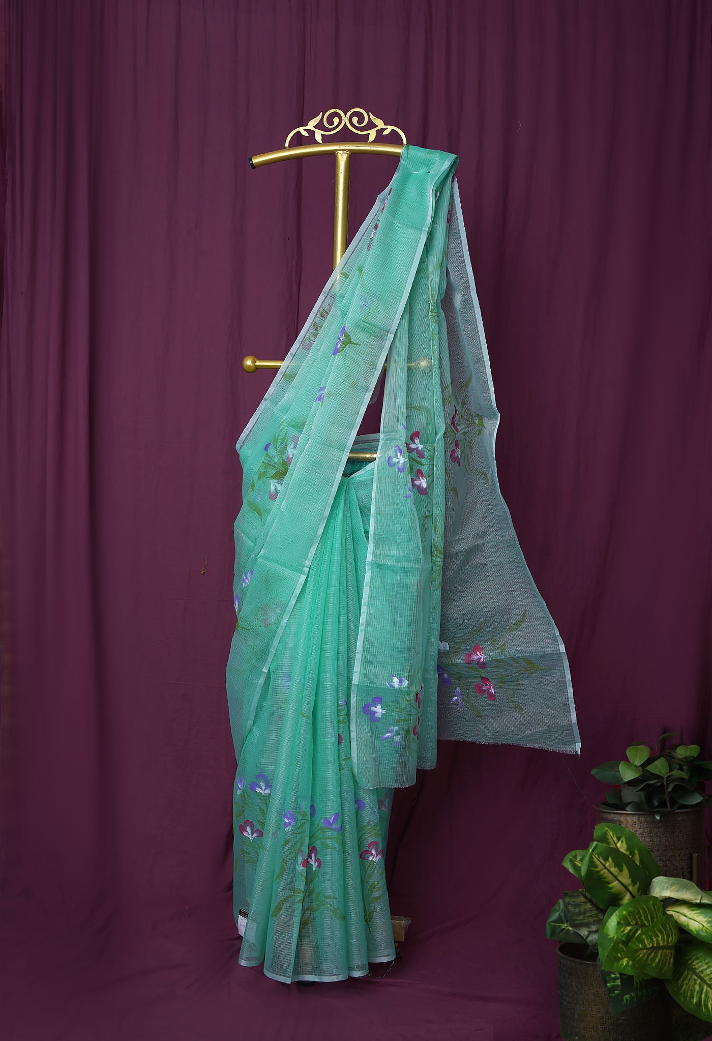 Turquoise Blue Pure Hand Painted Doria Kota Saree-UNM83051