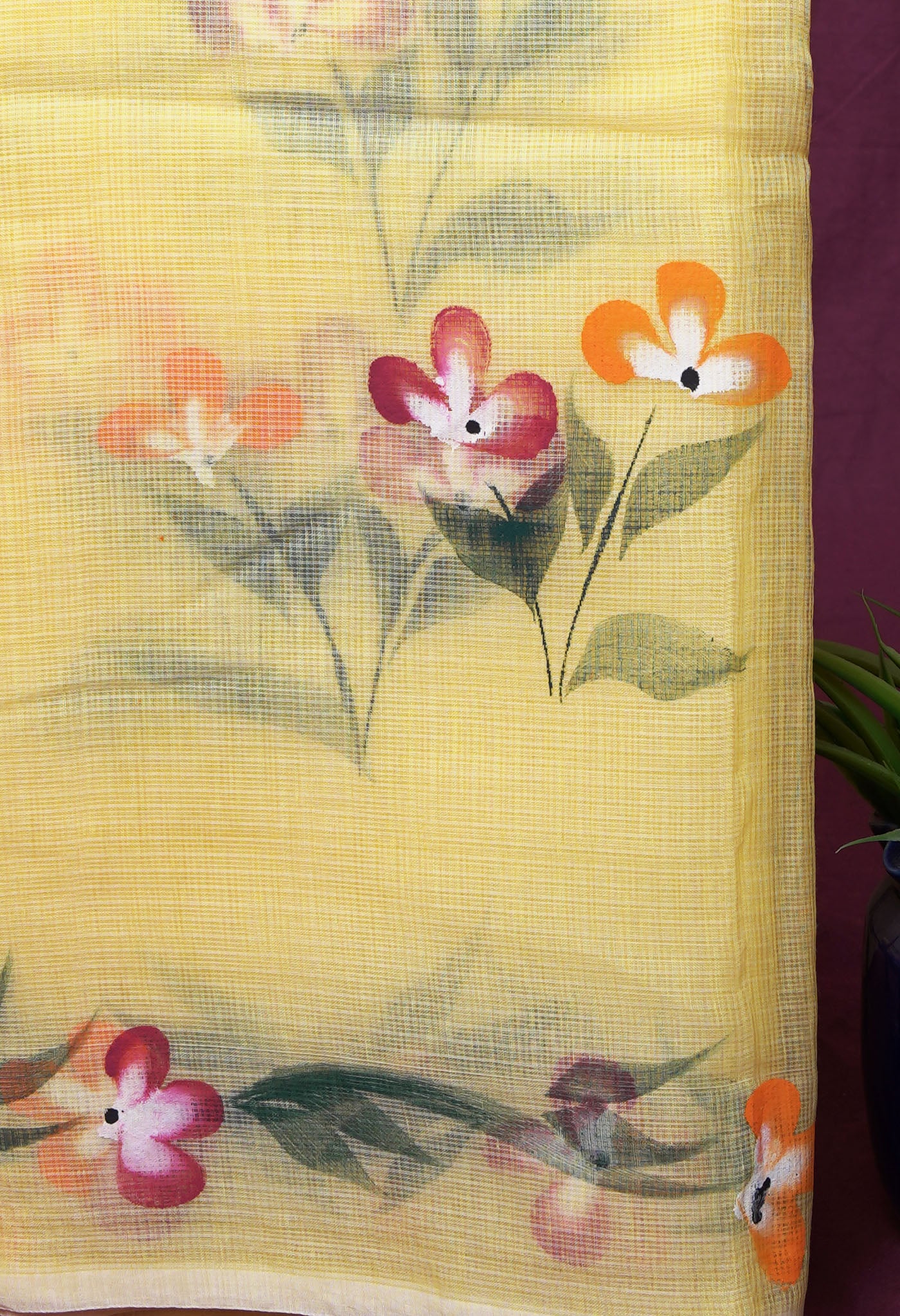 Yellow Pure Hand Painted Doria Kota Saree-UNM83058