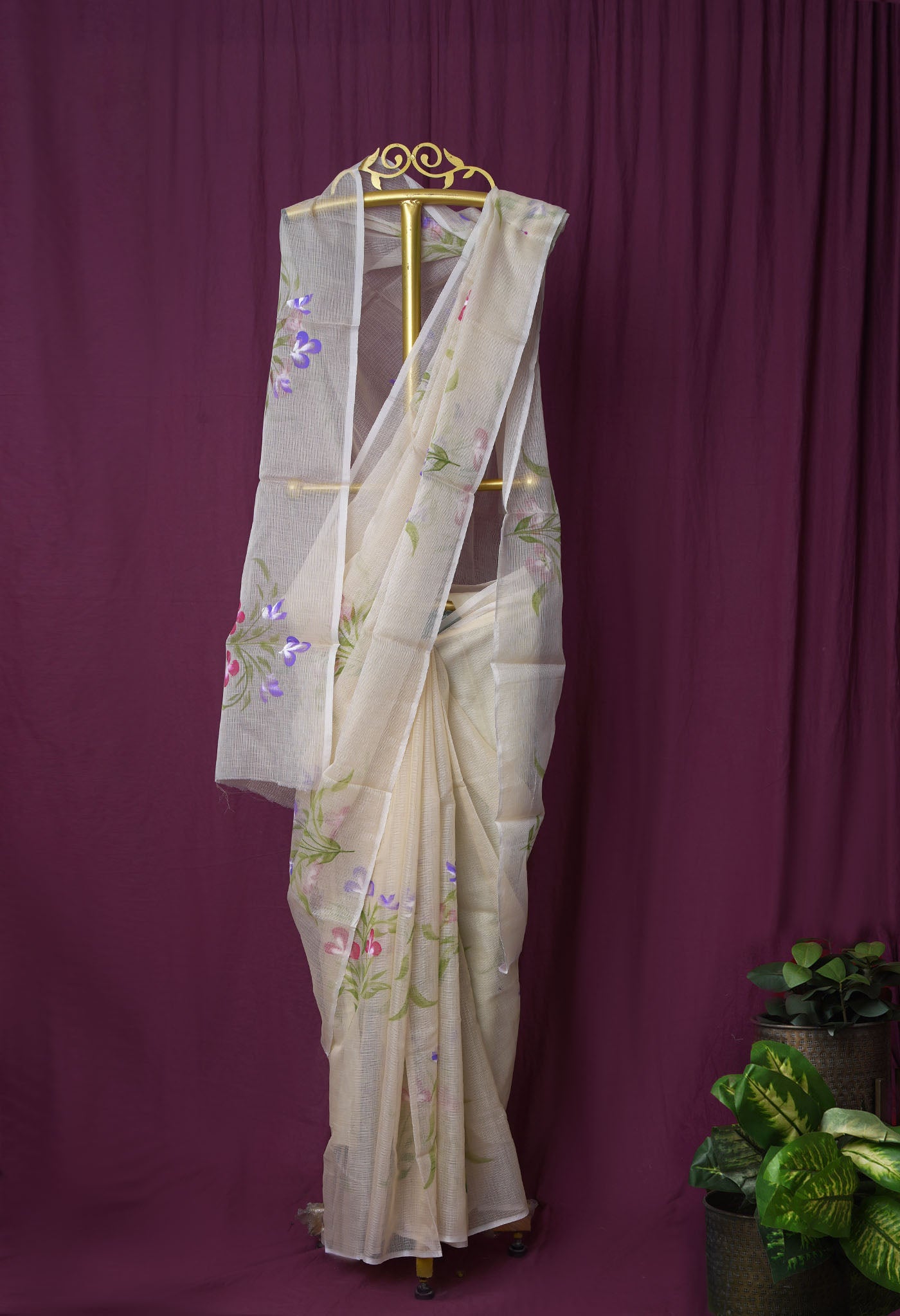 Cream Pure Hand Painted Doria Kota Saree-UNM83059