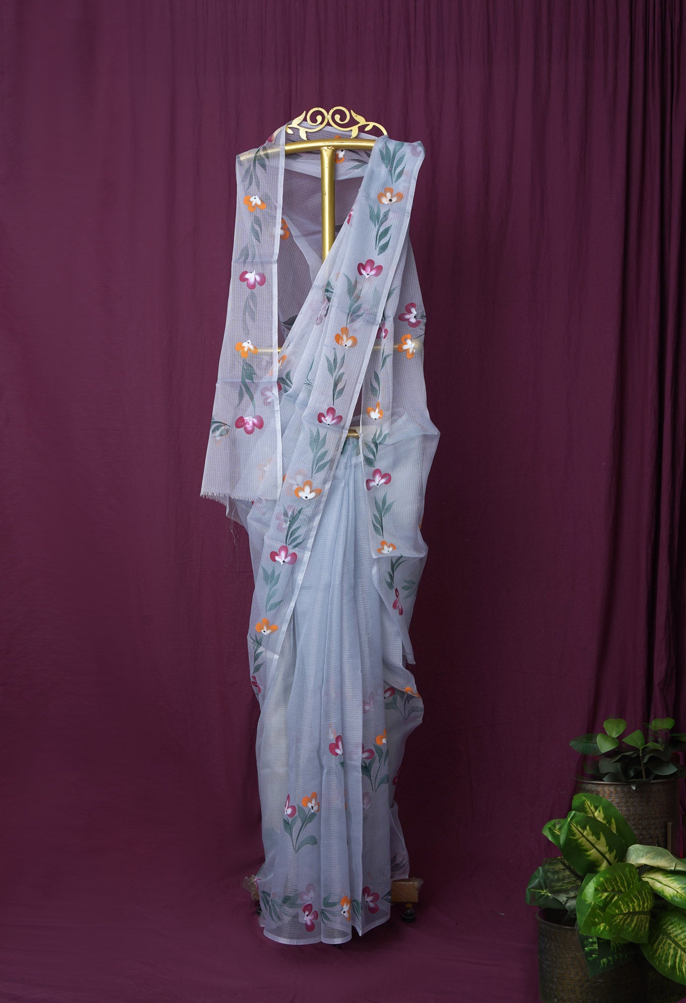 Grey Pure Hand Painted Doria Kota Saree-UNM83062