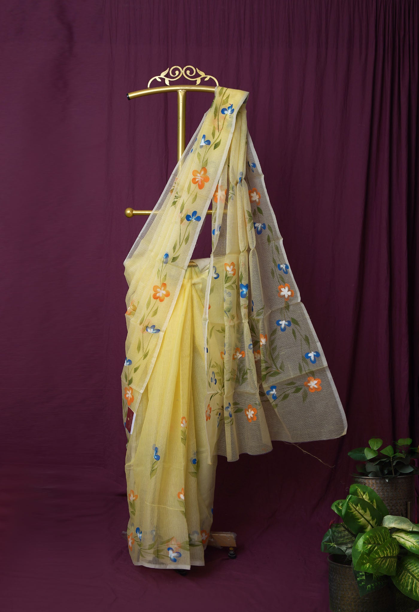 Yellow Pure Hand Painted Doria Kota Saree-UNM83063