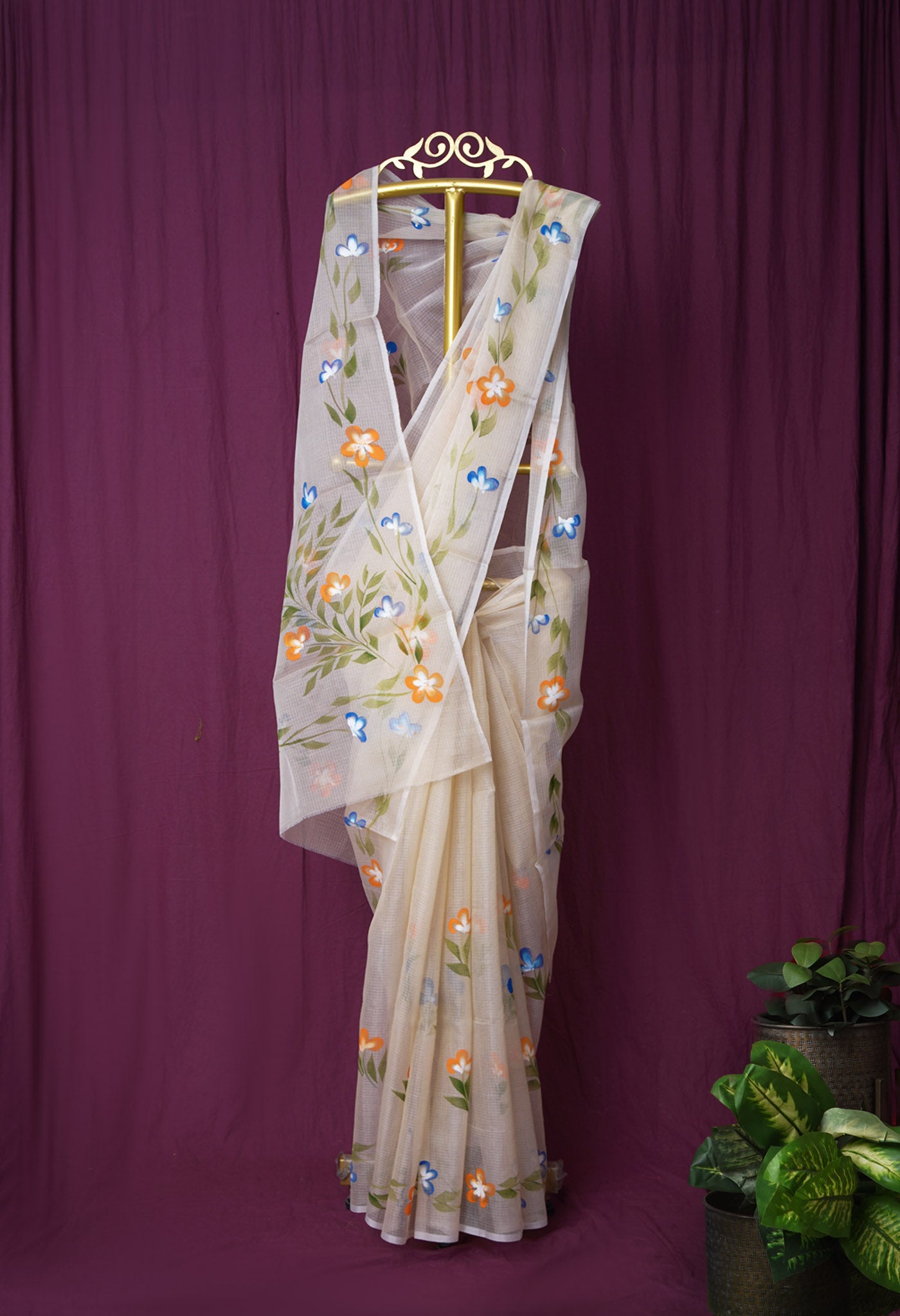 Cream Pure Hand Painted Doria Kota Saree-UNM83067