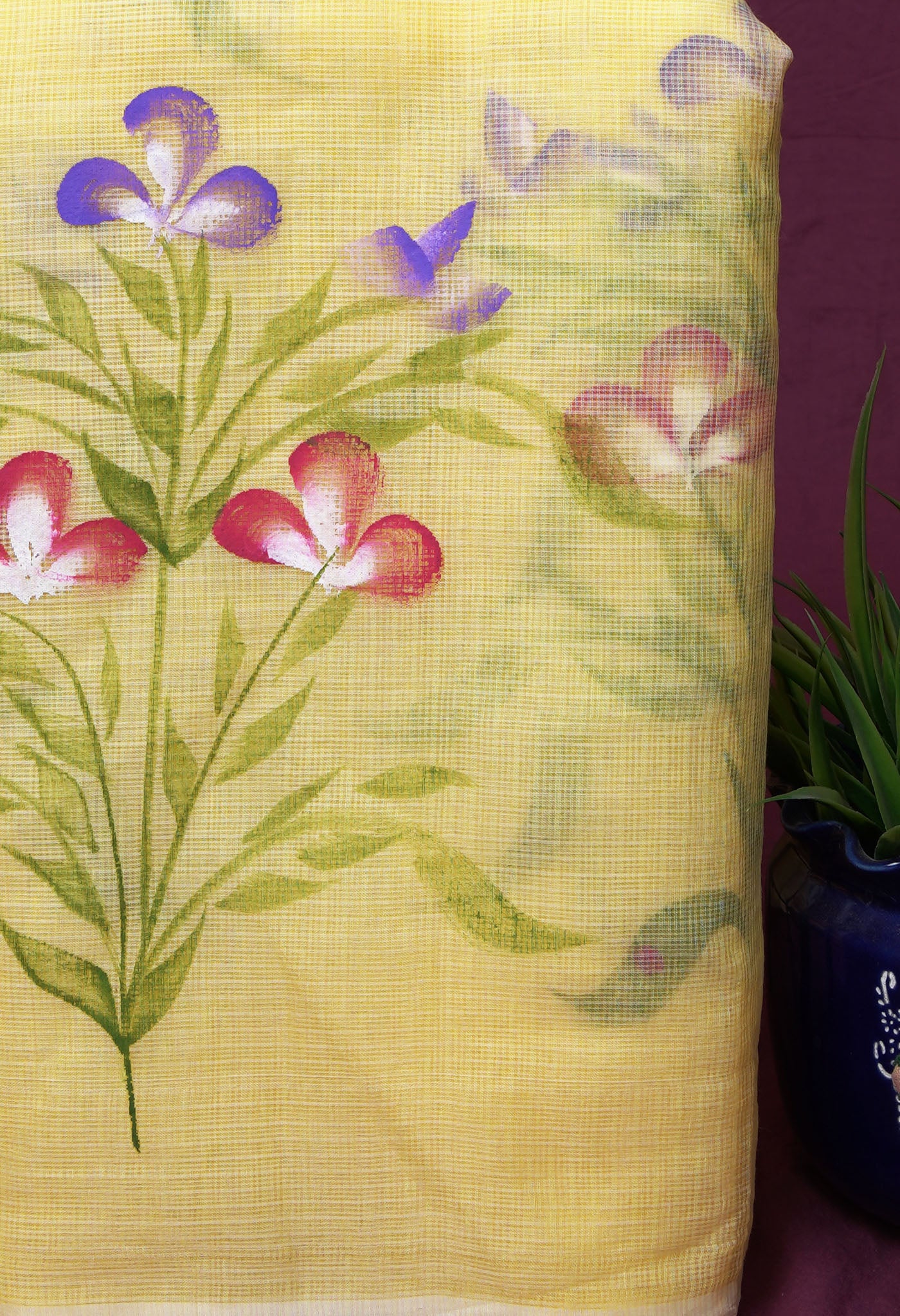 Yellow Pure Hand Painted Doria Kota Saree-UNM83068