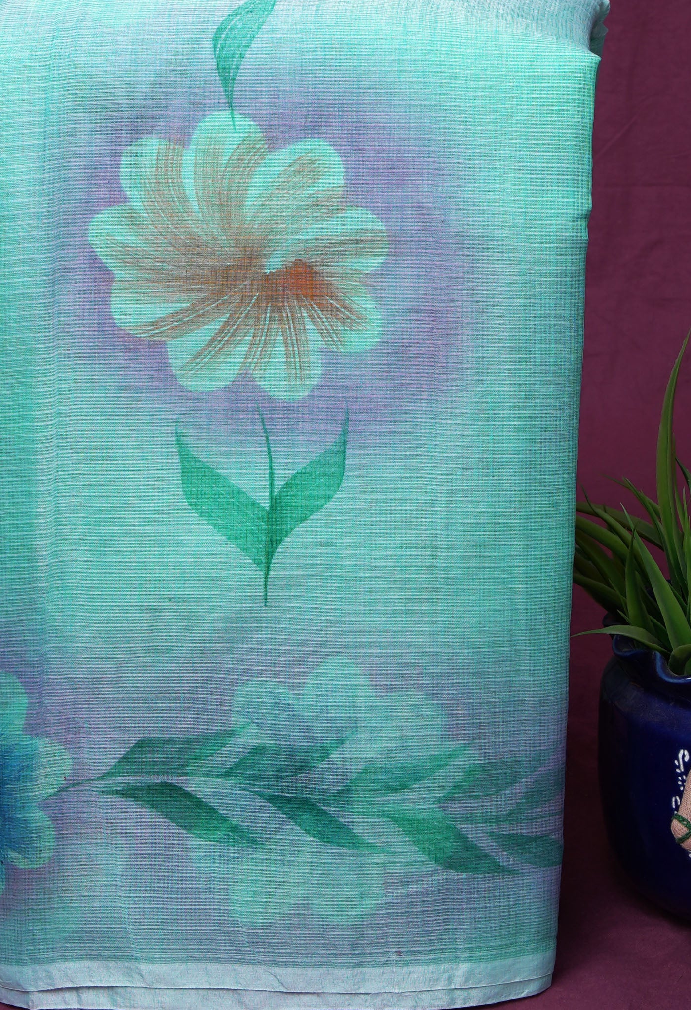 Turquoise Blue Pure Hand Painted Doria Kota Saree-UNM83070