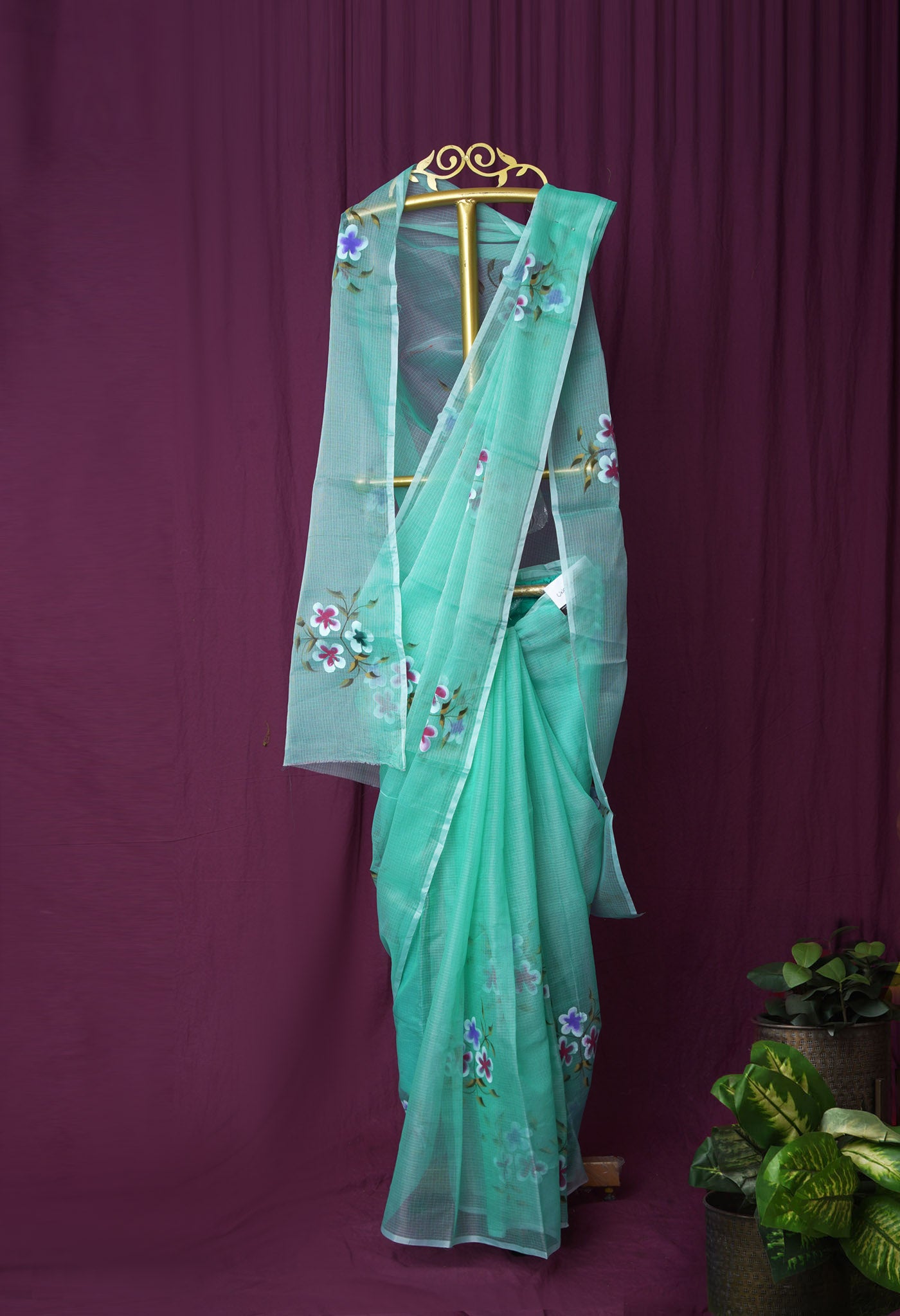 Turquoise Blue Pure Hand Painted Doria Kota Saree-UNM83071