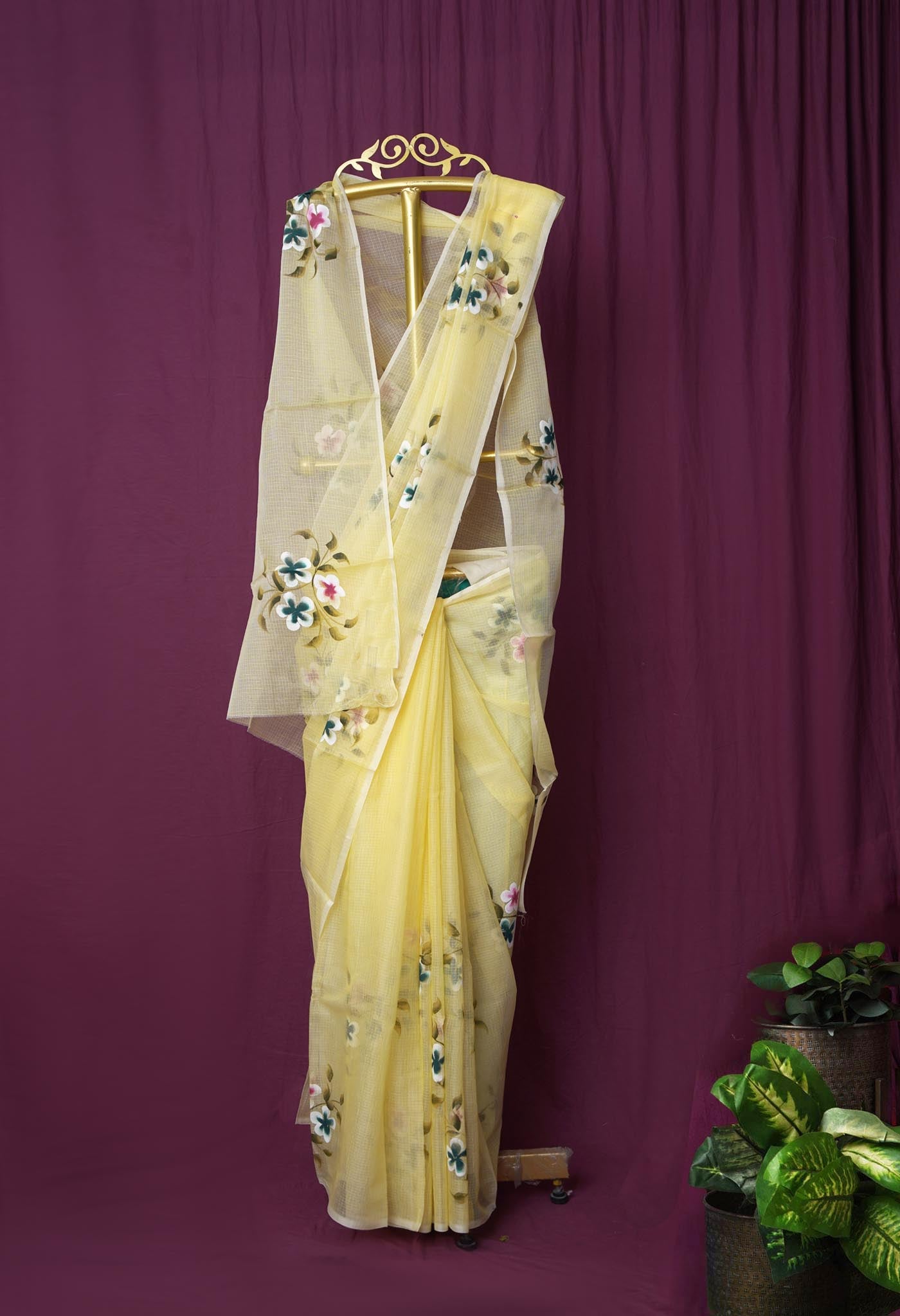 Yellow Pure Hand Painted Doria Kota Saree-UNM83076