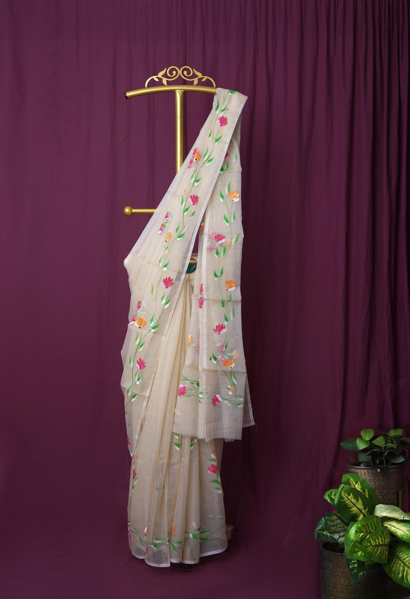 Cream Pure Hand Painted Doria Kota Saree-UNM83079