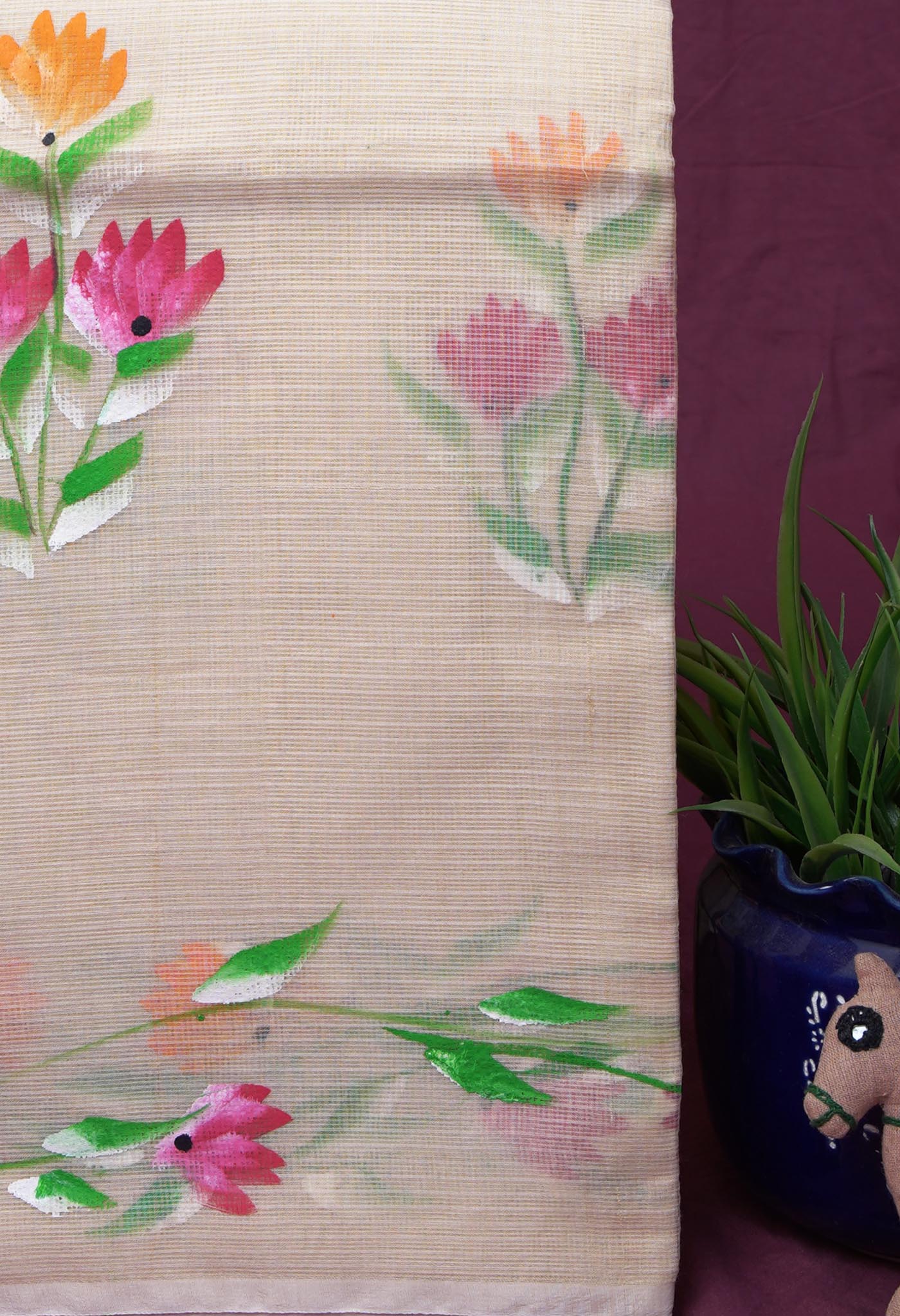 Cream Pure Hand Painted Doria Kota Saree-UNM83079