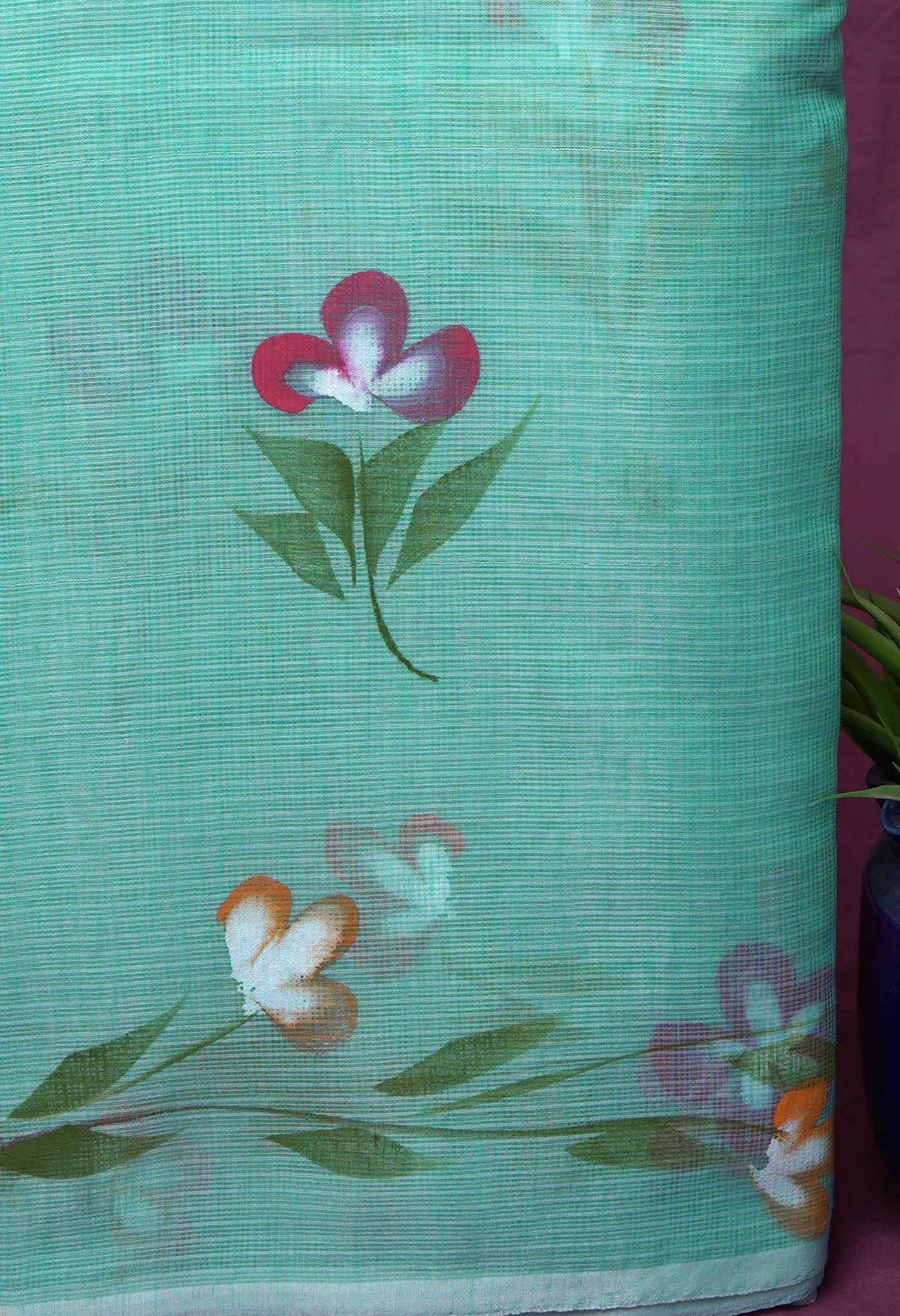 Turquoise Blue Pure Hand Painted Doria Kota Saree-UNM83082