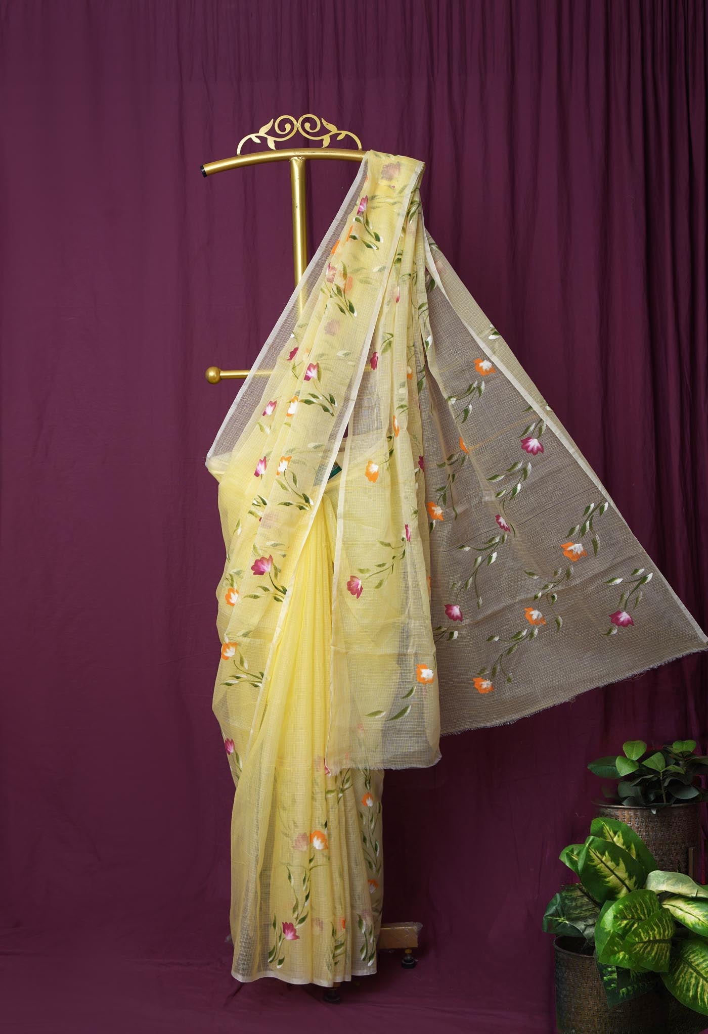 Yellow Pure Hand Painted Doria Kota Saree-UNM83086