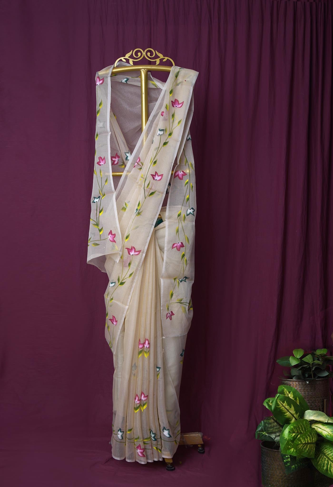 Cream Pure Hand Painted Doria Kota Saree-UNM83089